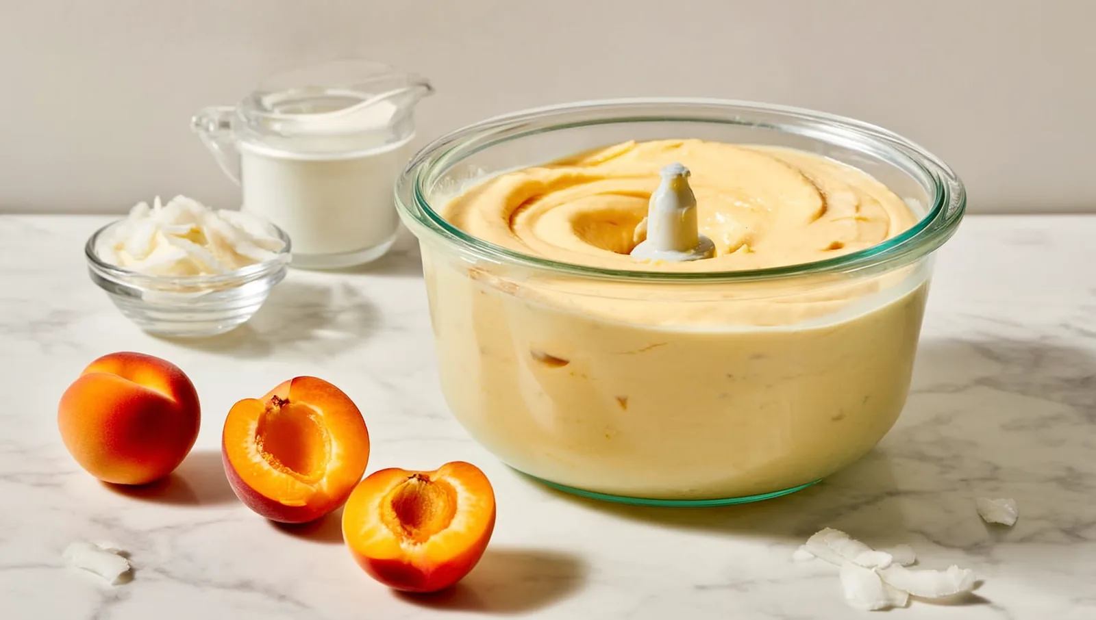 Creamy apricot sorbet in a glass bowl with fresh apricots