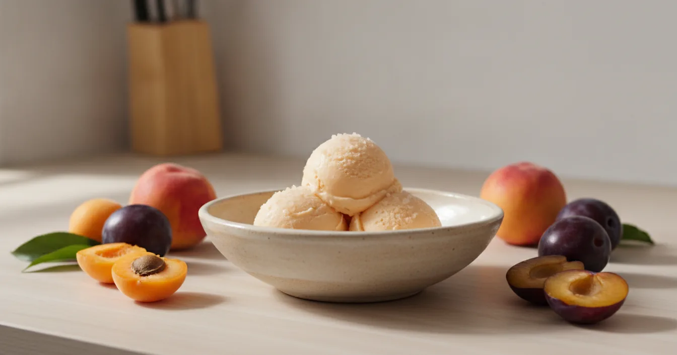 Bowl of peach sorbet with peaches, apricots, plums