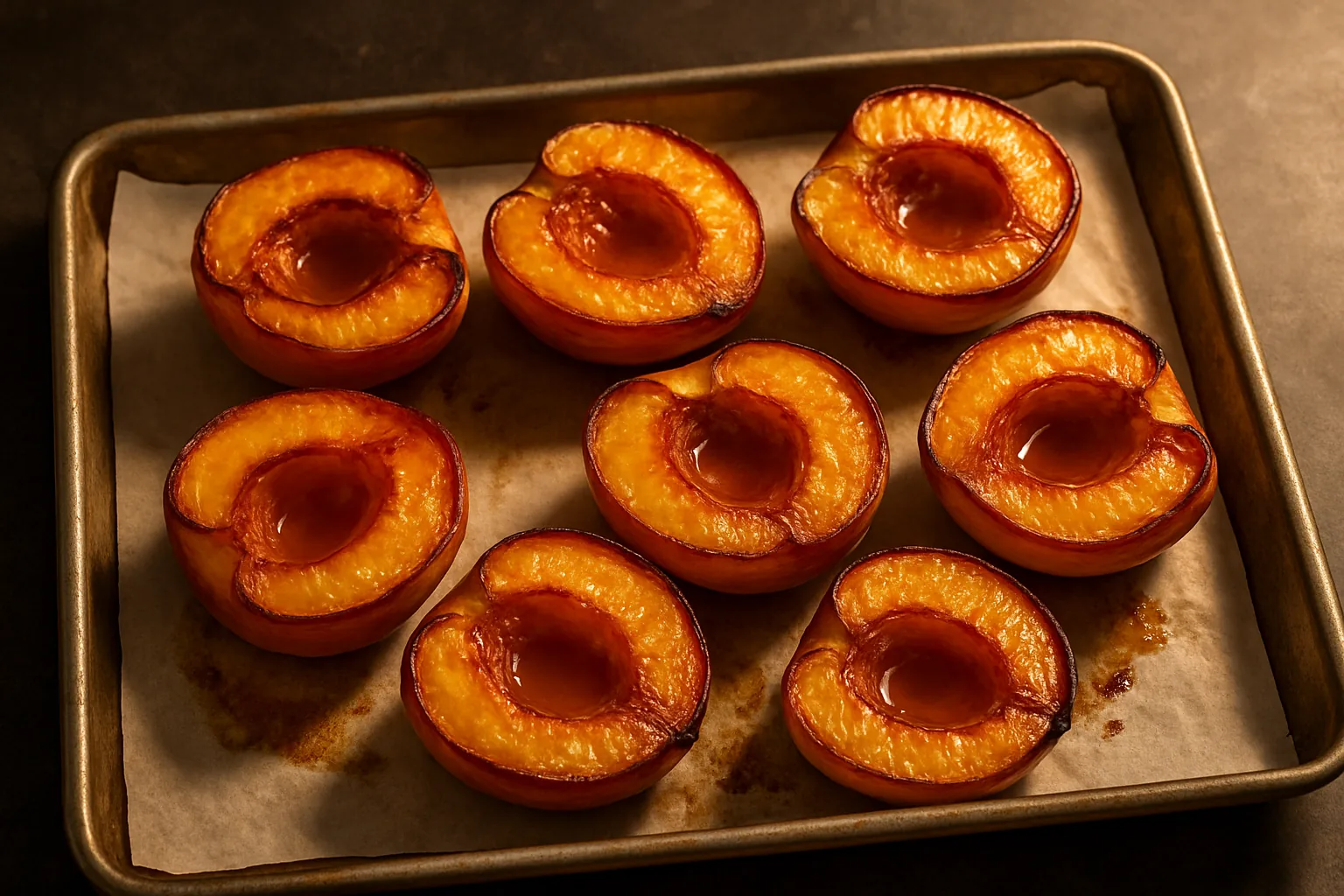Roasted peach halves on a parchment-lined sheet pan