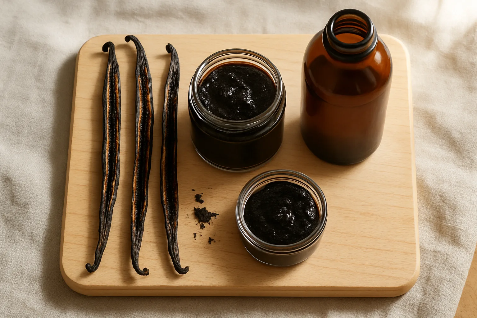 Vanilla pods, jars of vanilla paste, and an amber bottle