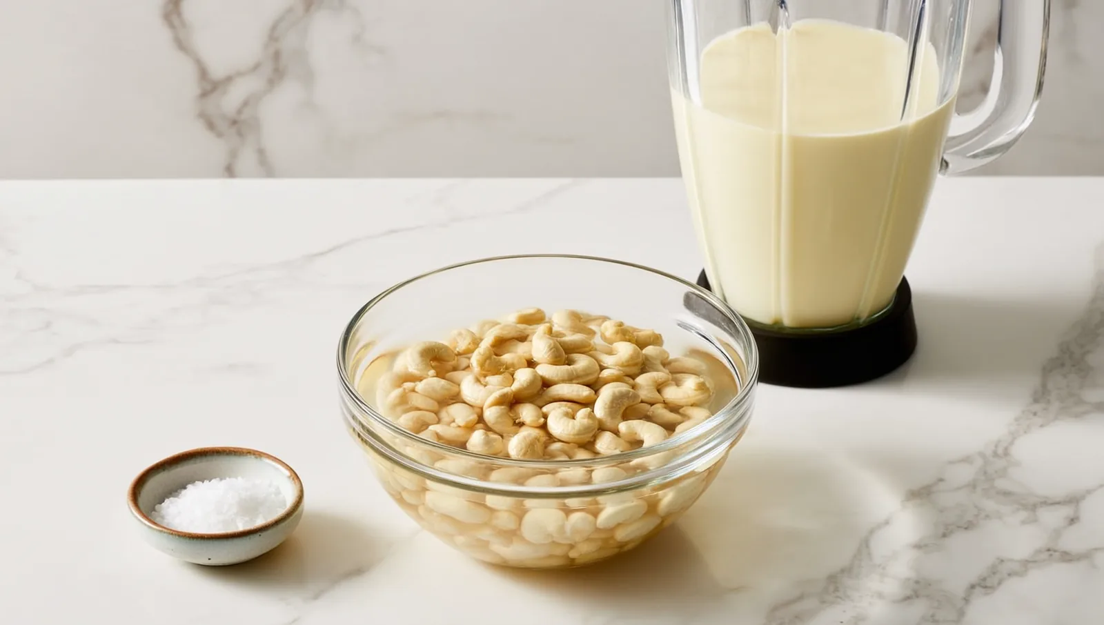 Cashews soaking in a bowl beside a blender of cashew cream