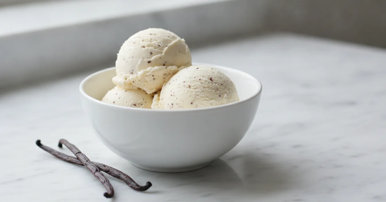 Scoops of vanilla ice cream in a white bowl with vanilla pods