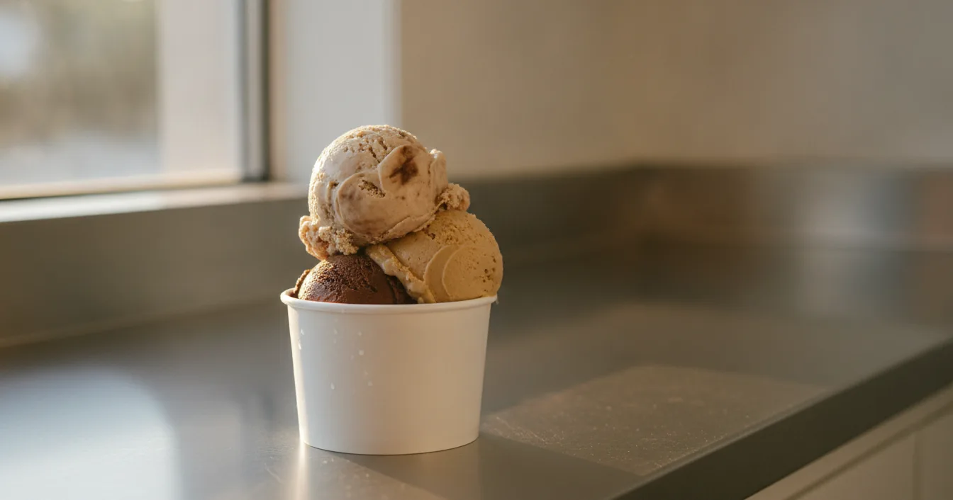 Three scoops of pale oat milk ice cream in a paper cup on a stainless steel scoop shop counter in warm evening light.