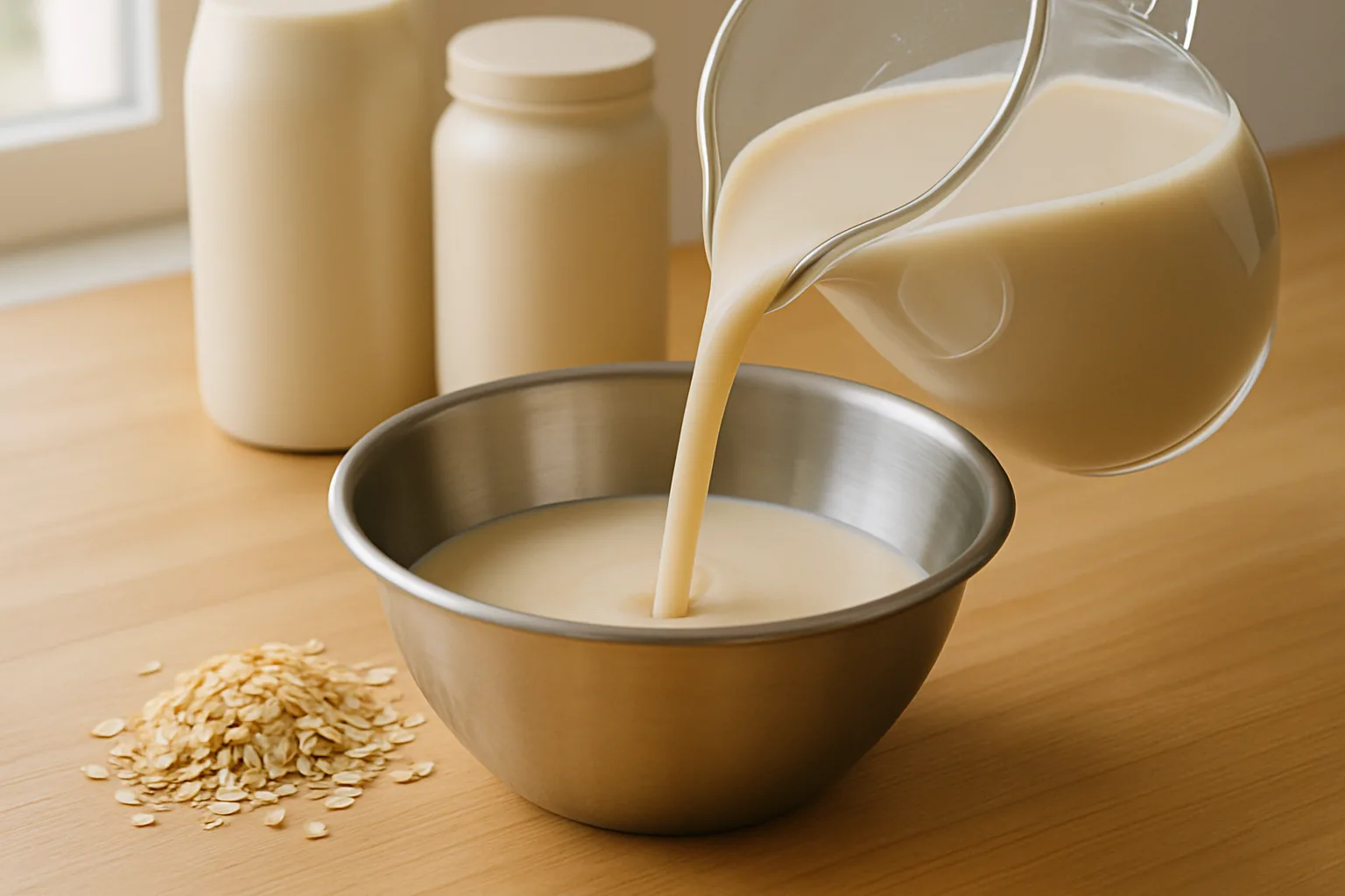 A glass pitcher of creamy oat milk being poured into a stainless steel bowl beside a pile of rolled oats on a wooden counter
