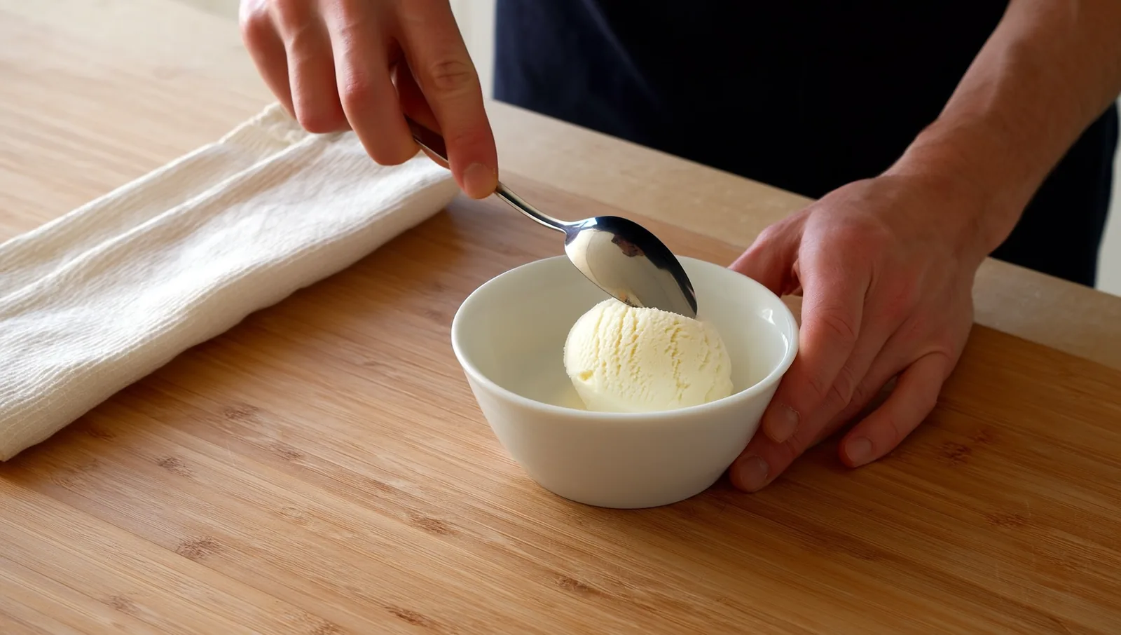 Hand dipping a spoon into vanilla ice cream