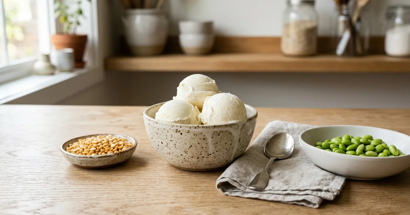 Bowl of vanilla ice cream beside peas and edamame