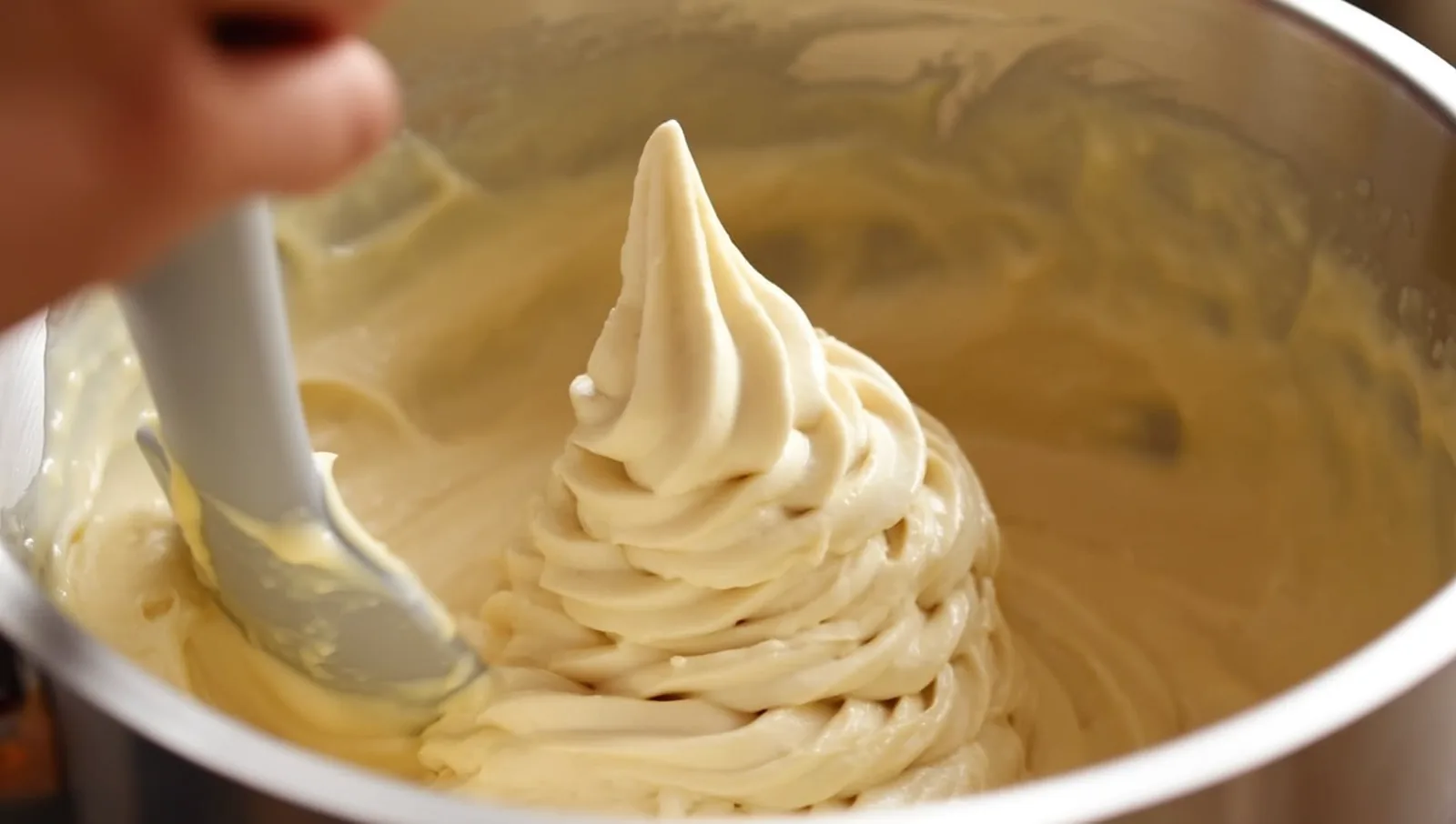 Pale dairy-free ice cream churning to a soft-serve swirl inside the bowl of a home ice cream maker.