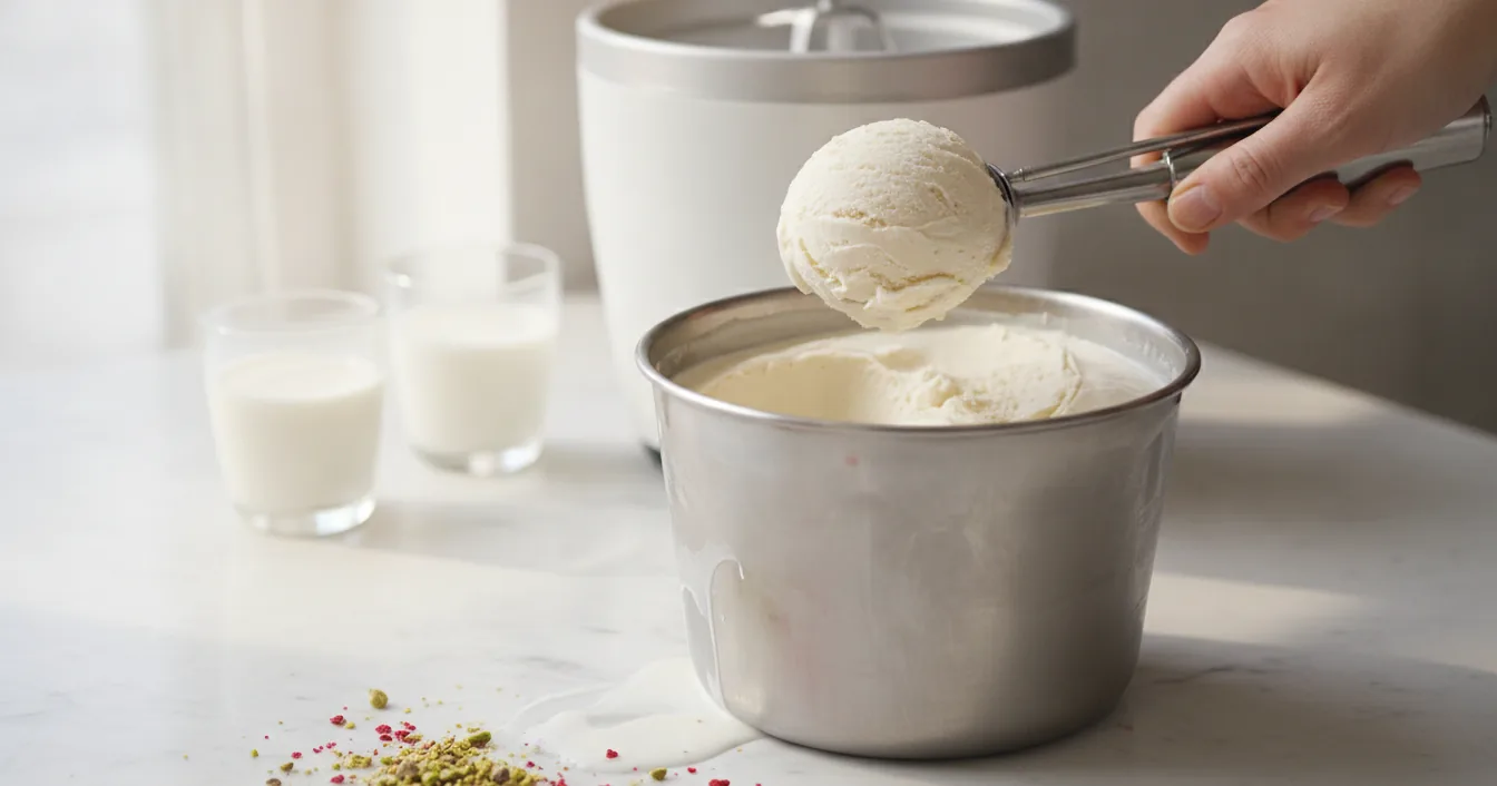 A hand scooping a smooth ball of pale dairy-free ice cream from a metal tub on a marble counter, with an ice cream maker and plant milks in the background.