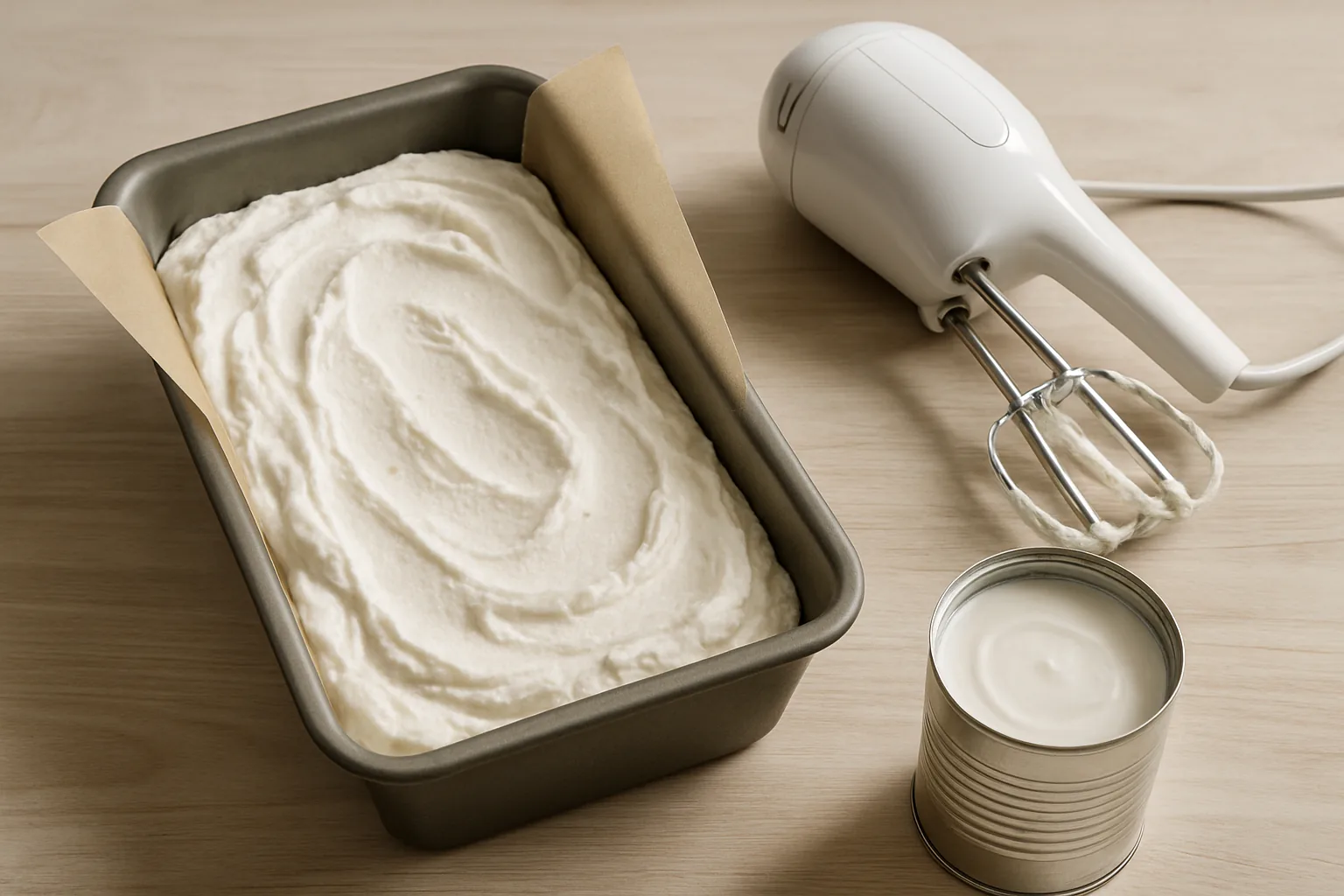 A loaf pan of freshly spread no-churn dairy-free coconut ice cream with a sheet of parchment lifted at one edge on a light wooden table.