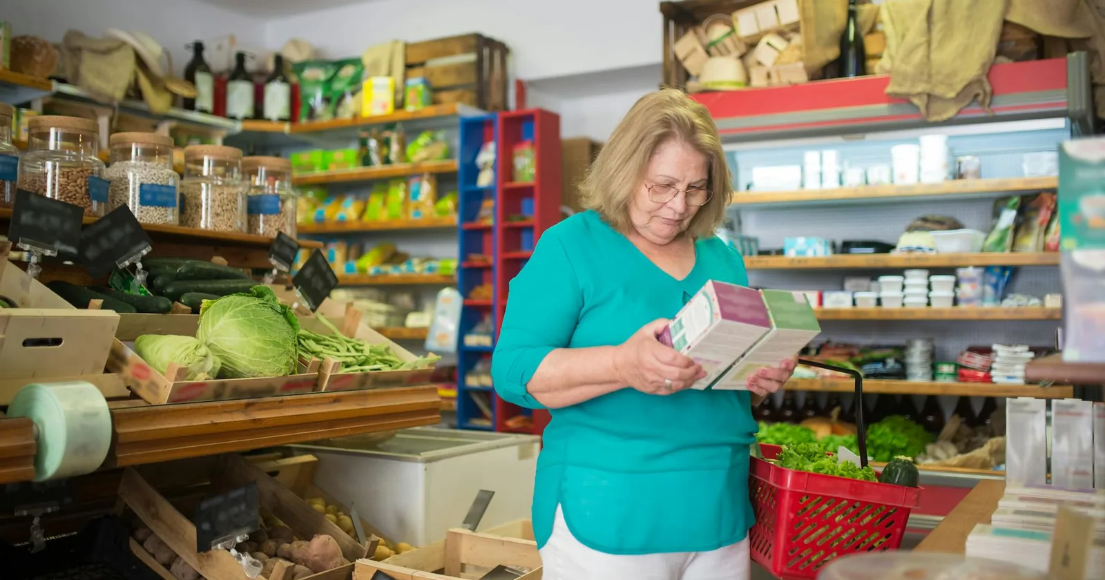 An older shopper in a grocery store examining the label on a product she is holding.