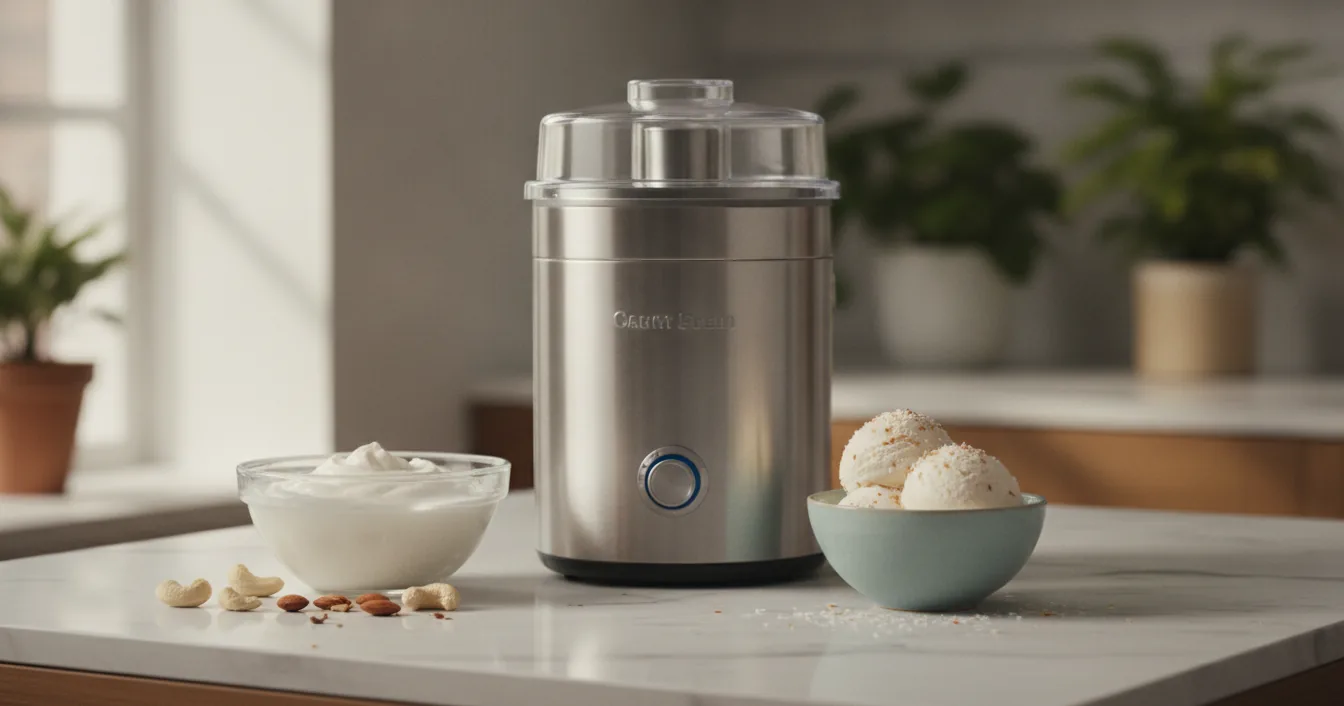 A countertop ice cream maker beside bowls of coconut cream, cashews, and almonds, with scoops of pale dairy-free ice cream on a marble counter.