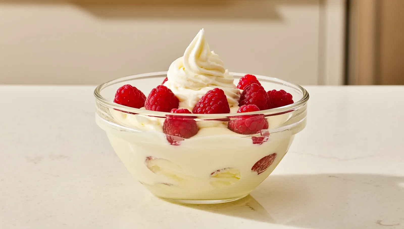 A swirl of pale dairy-free soft serve in a clear glass bowl topped with fresh raspberries.