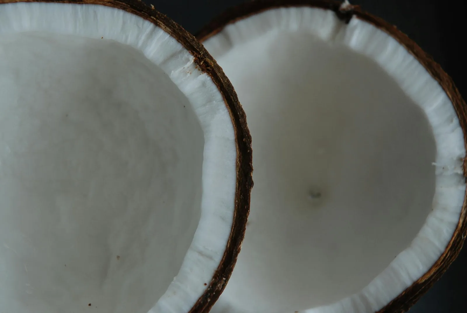 Close-up of two halved coconuts showing the white inner flesh that drives the saturated-fat profile of coconut-based ice cream.