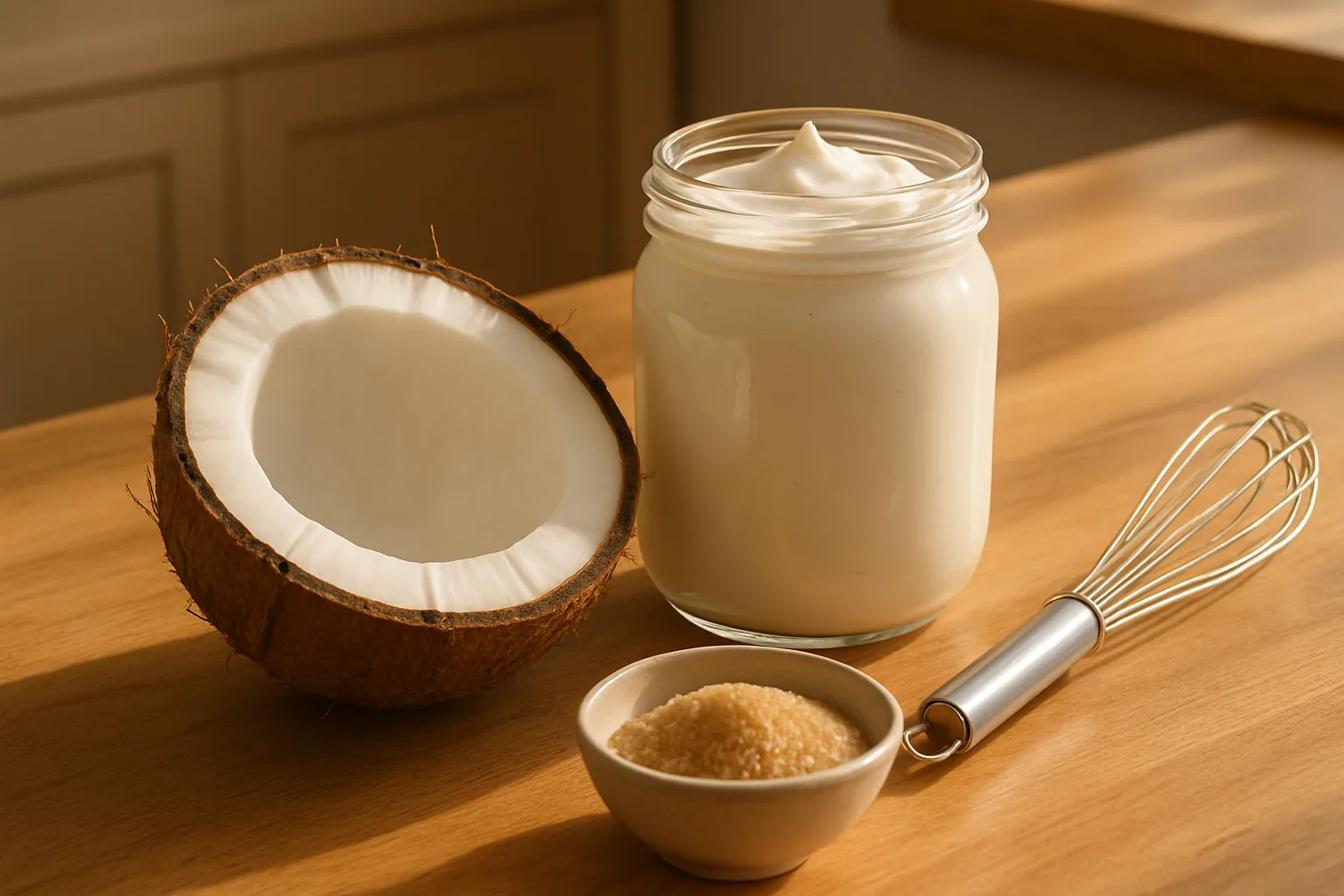 A fresh coconut cut in half beside a glass jar of thick coconut cream on a wooden counter, with a bowl of cane sugar and a whisk nearby