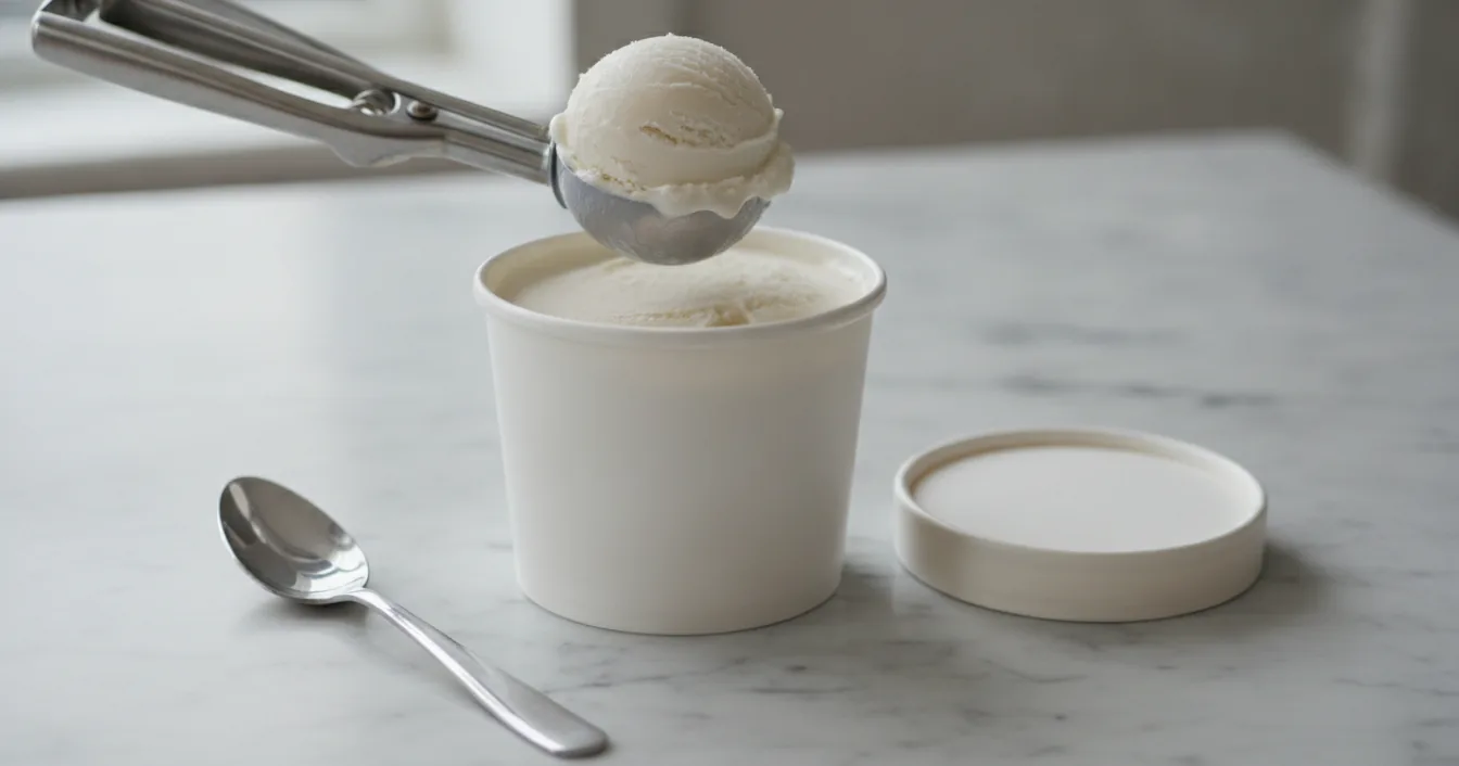 An open pint of creamy off-white coconut ice cream with one scoop lifted out, sitting on a pale marble counter beside a stainless steel spoon.