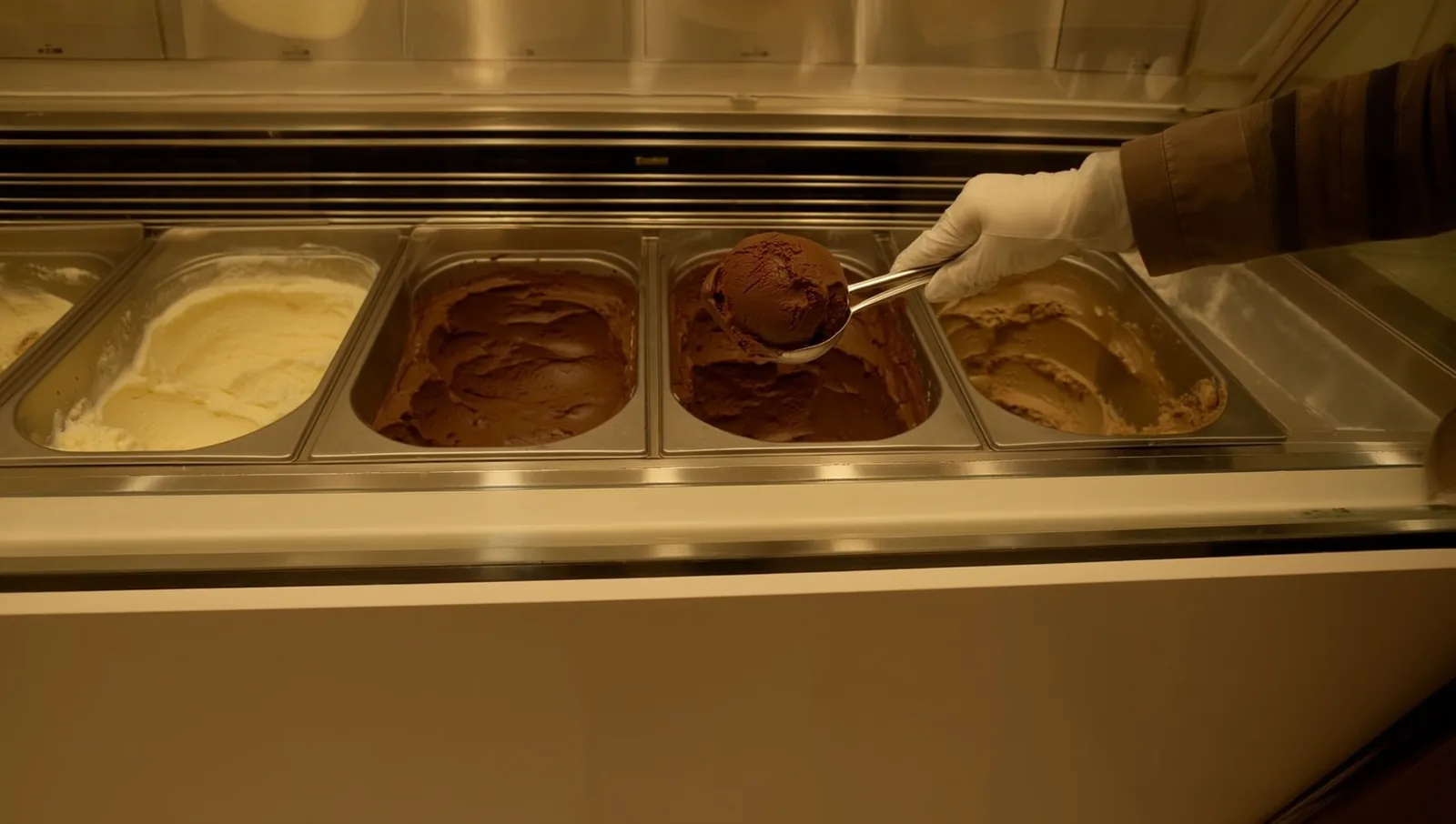 A gloved hand lifting a rounded scoop of dark chocolate ice cream from an open tub in a chilled scoop shop display cabinet