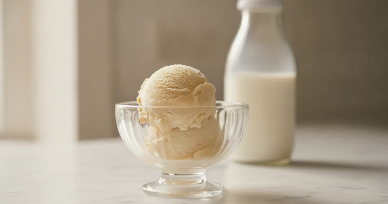 A scoop of creamy golden ice cream in a glass dish on a marble counter with a bottle of milk softly blurred behind it.
