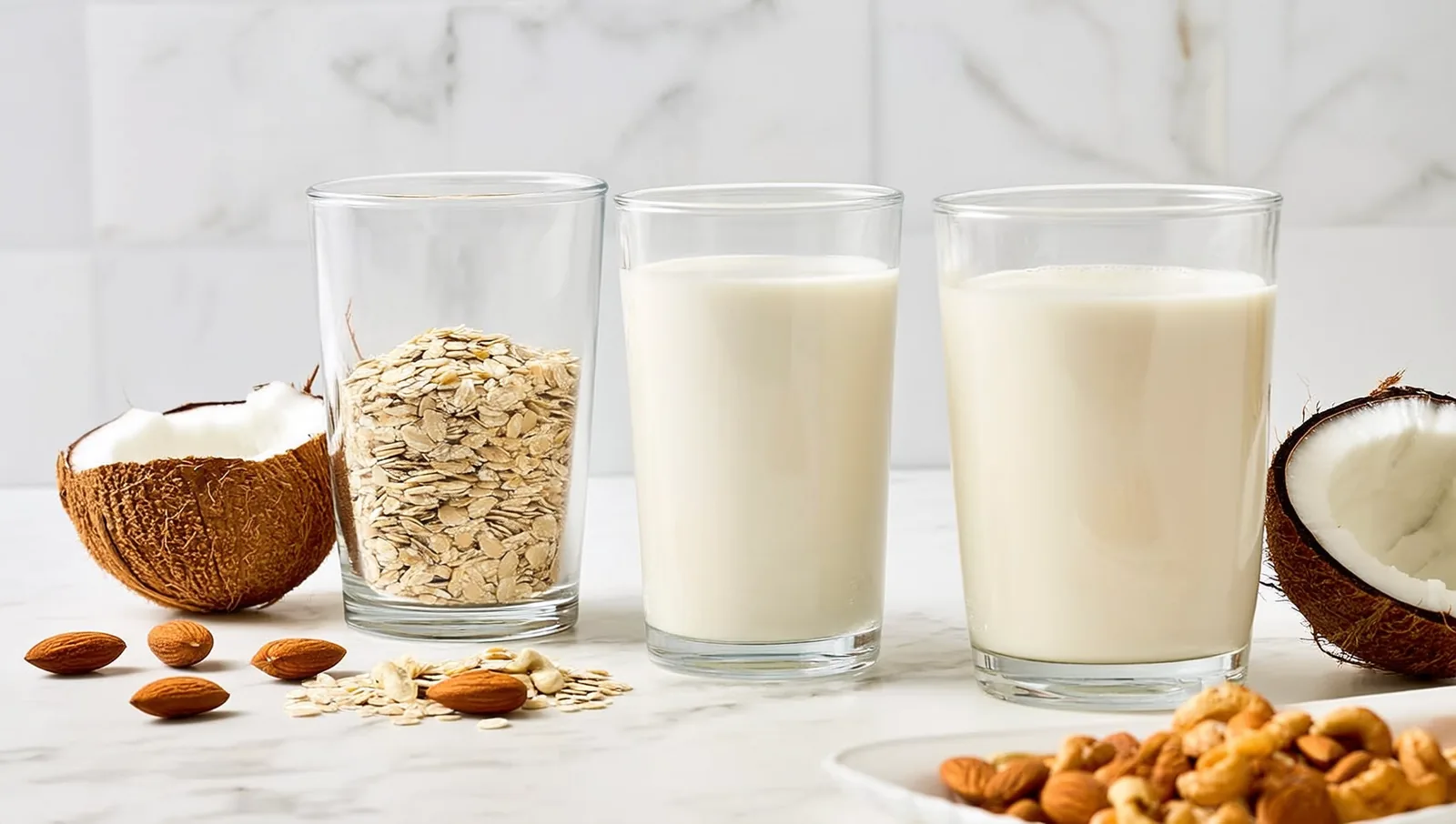 Glasses of plant milk on a marble counter surrounded by oats, almonds, coconut halves, and cashews