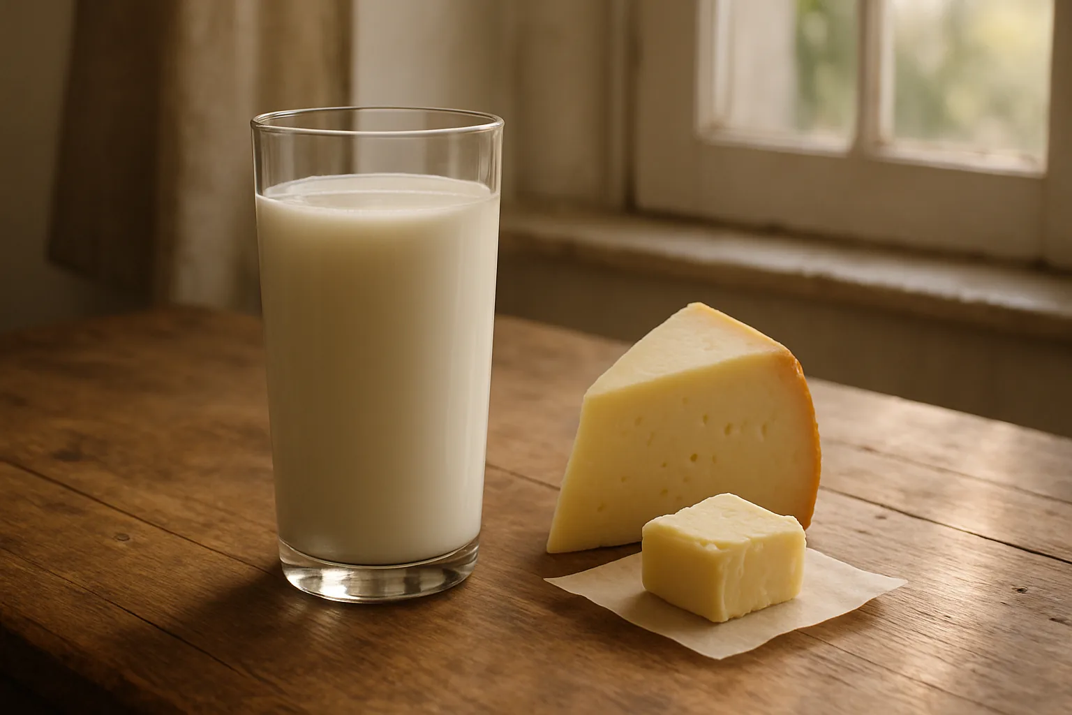 A tall glass of milk beside a wedge of cheese and a pat of butter on a wooden kitchen table