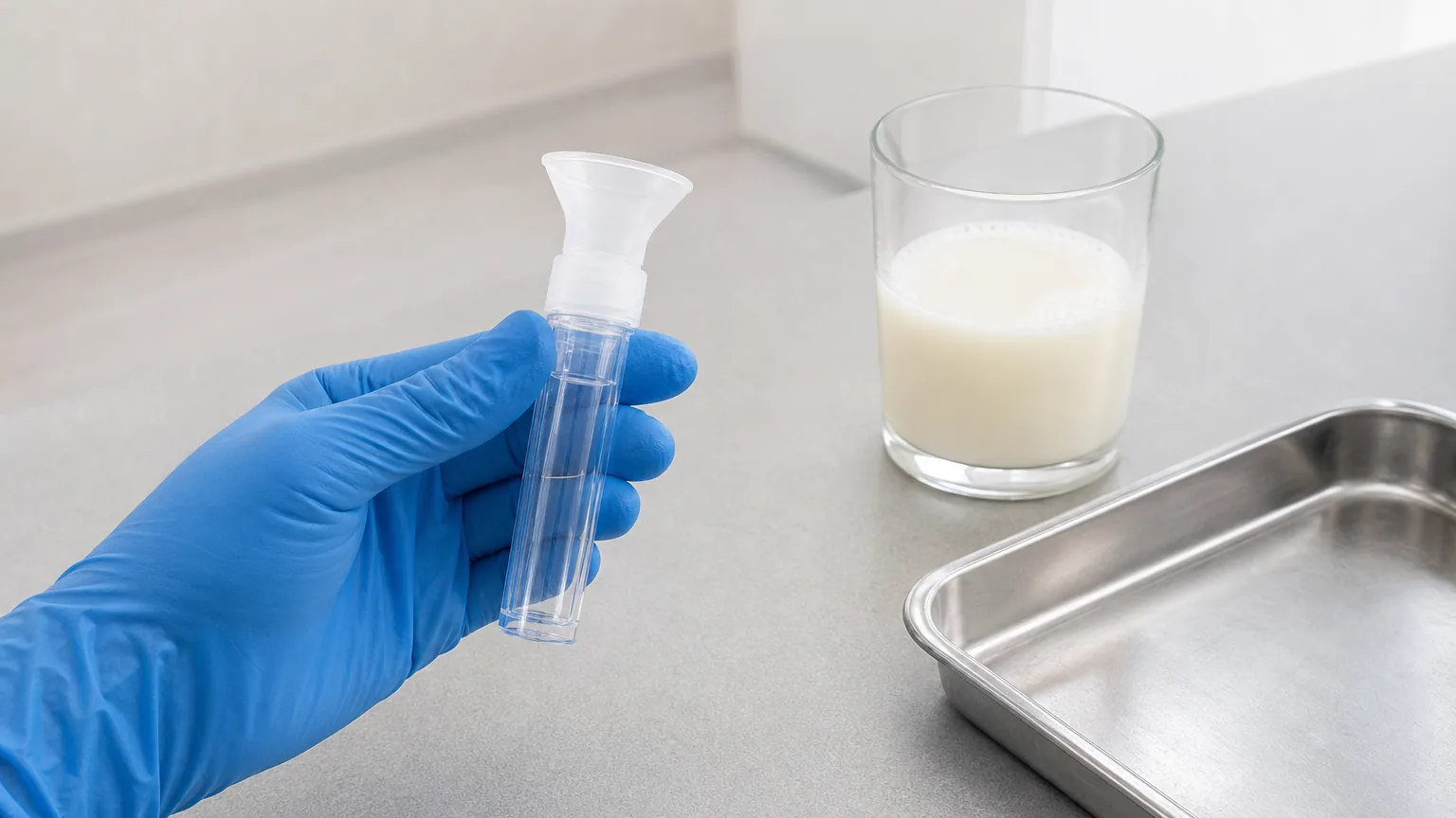 A gloved hand holding a breath collection tube on a clinic table