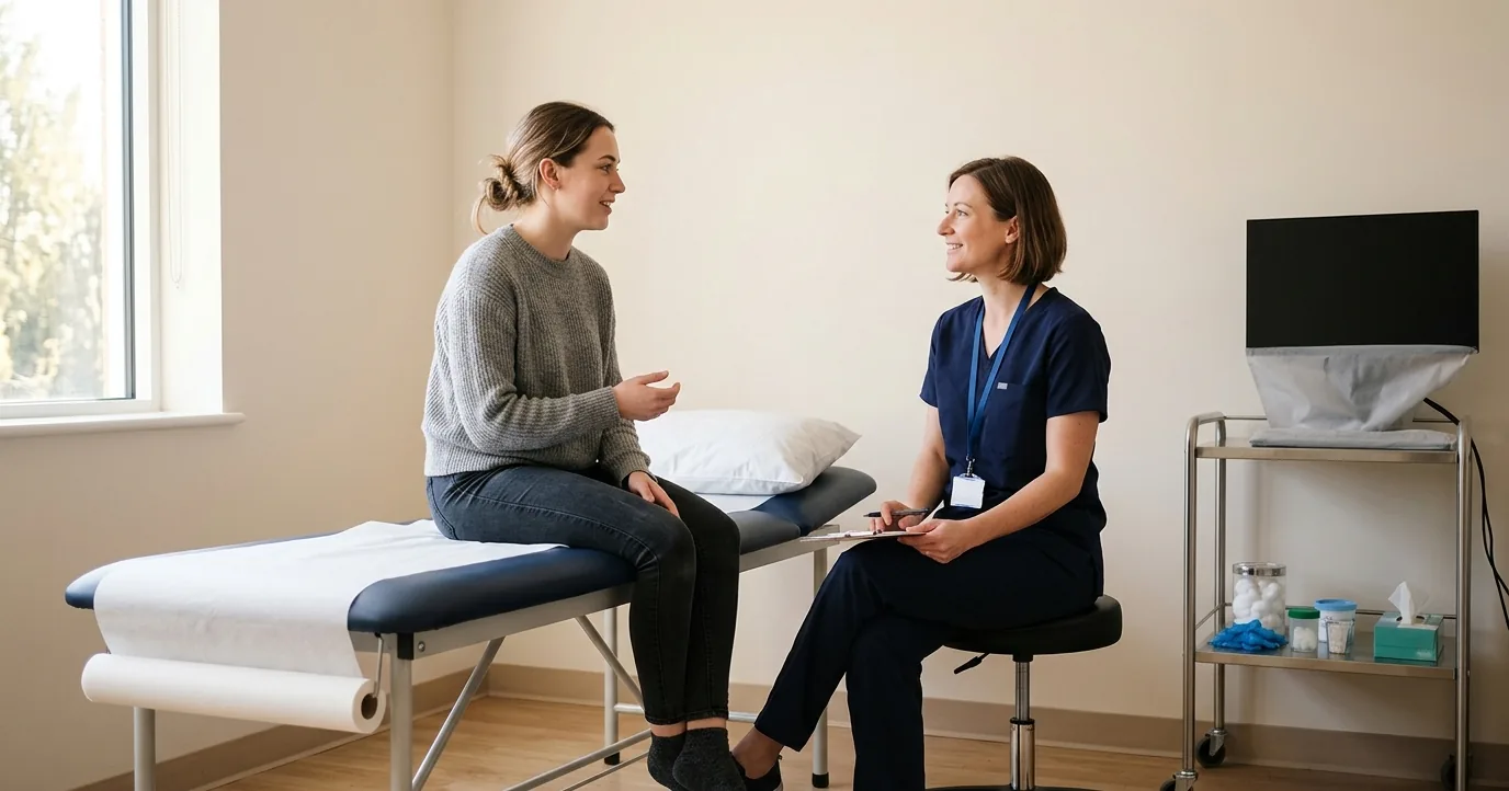 A patient and a clinician talking in a consultation room