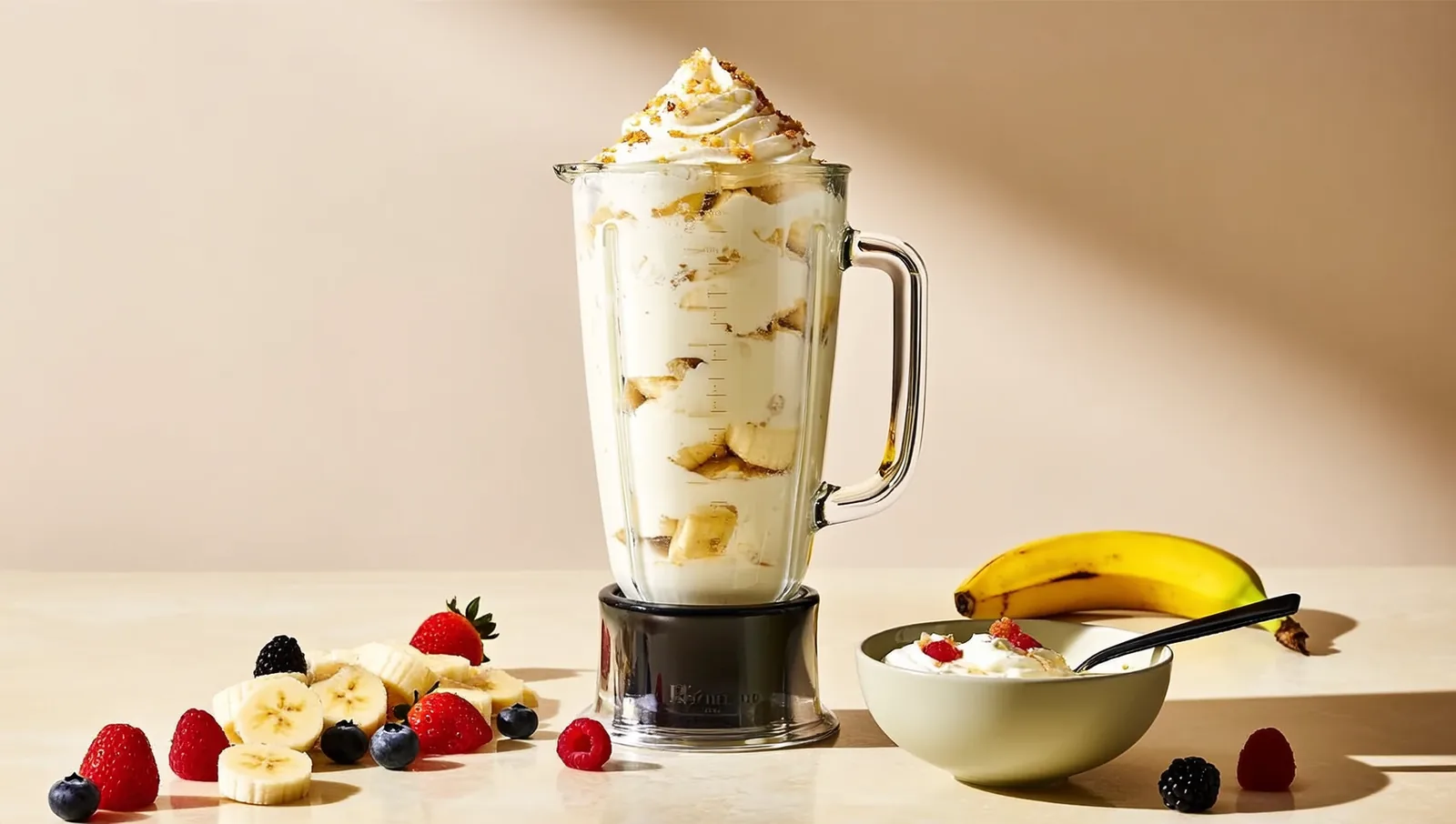 A blender of creamy banana nice cream beside frozen banana slices and fresh berries on a kitchen counter.
