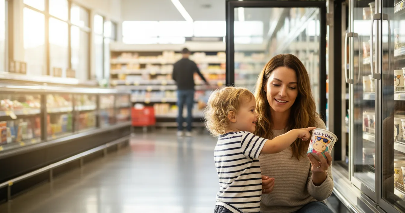 A parent and child choosing a pint of dairy-free ice cream together in a bright grocery freezer aisle.