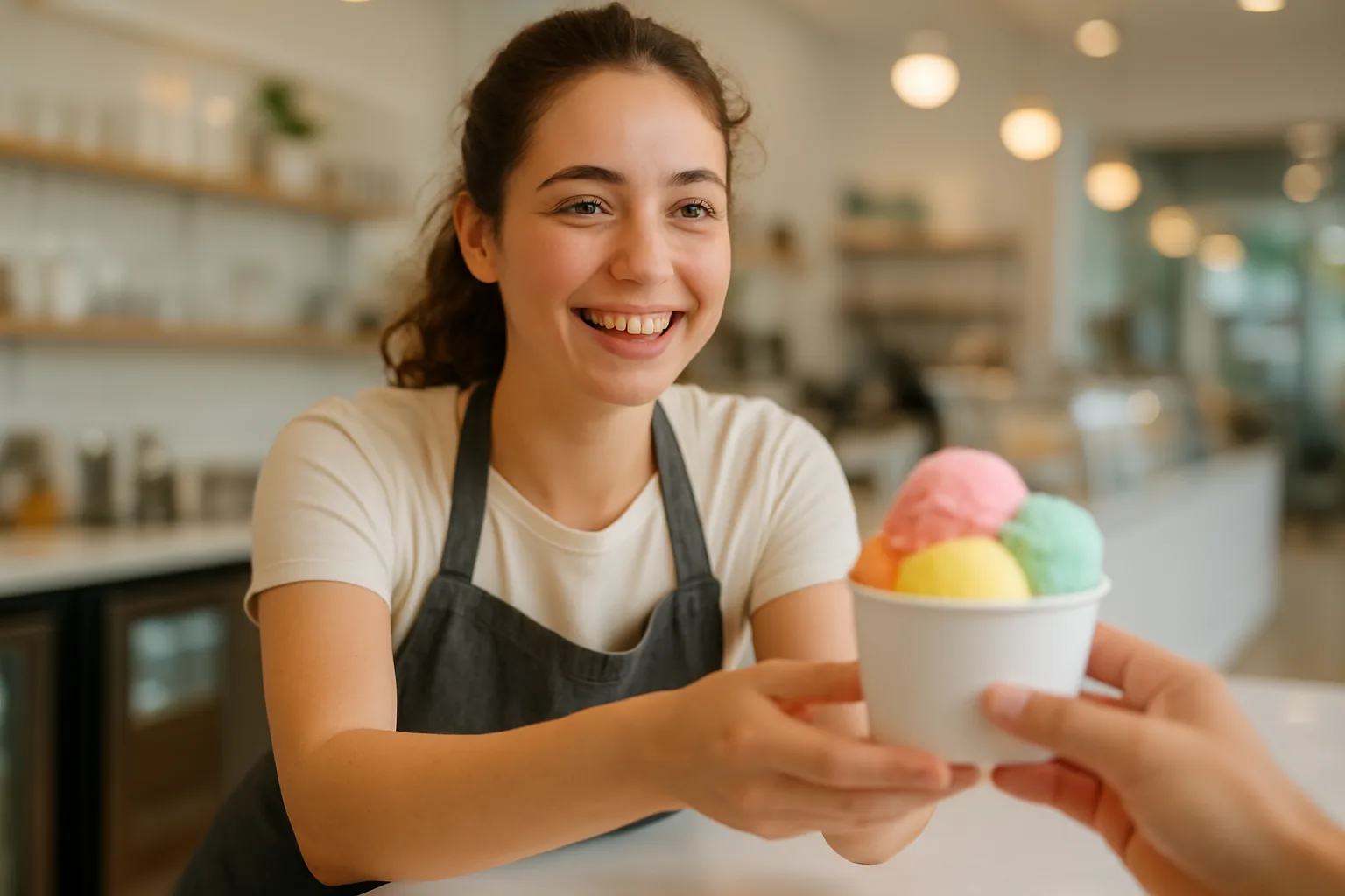 An ice cream shop worker handing a paper cup of sorbet to a customer across a clean counter.