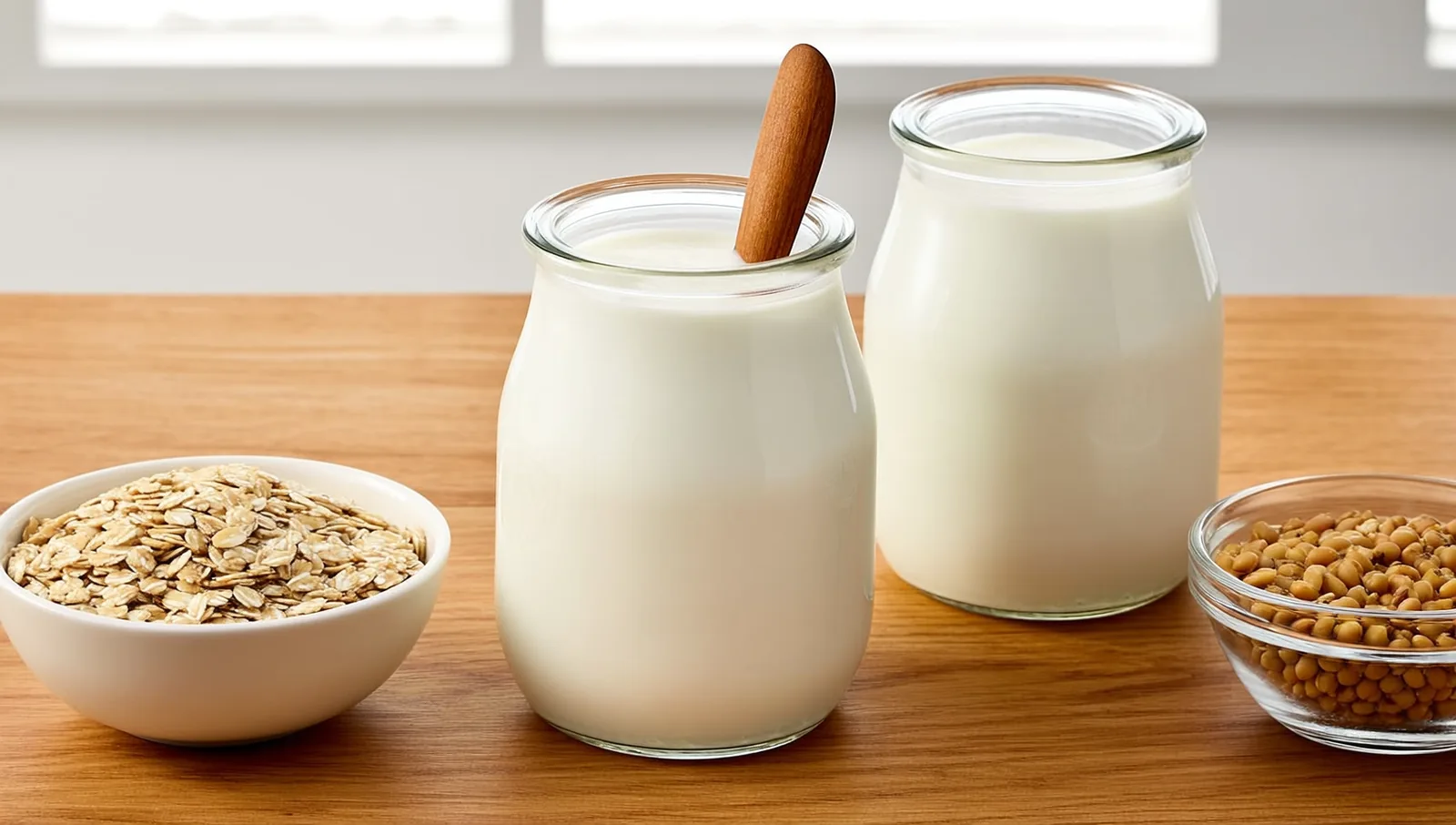 Two jars of plant-based yogurt with oats and soybeans