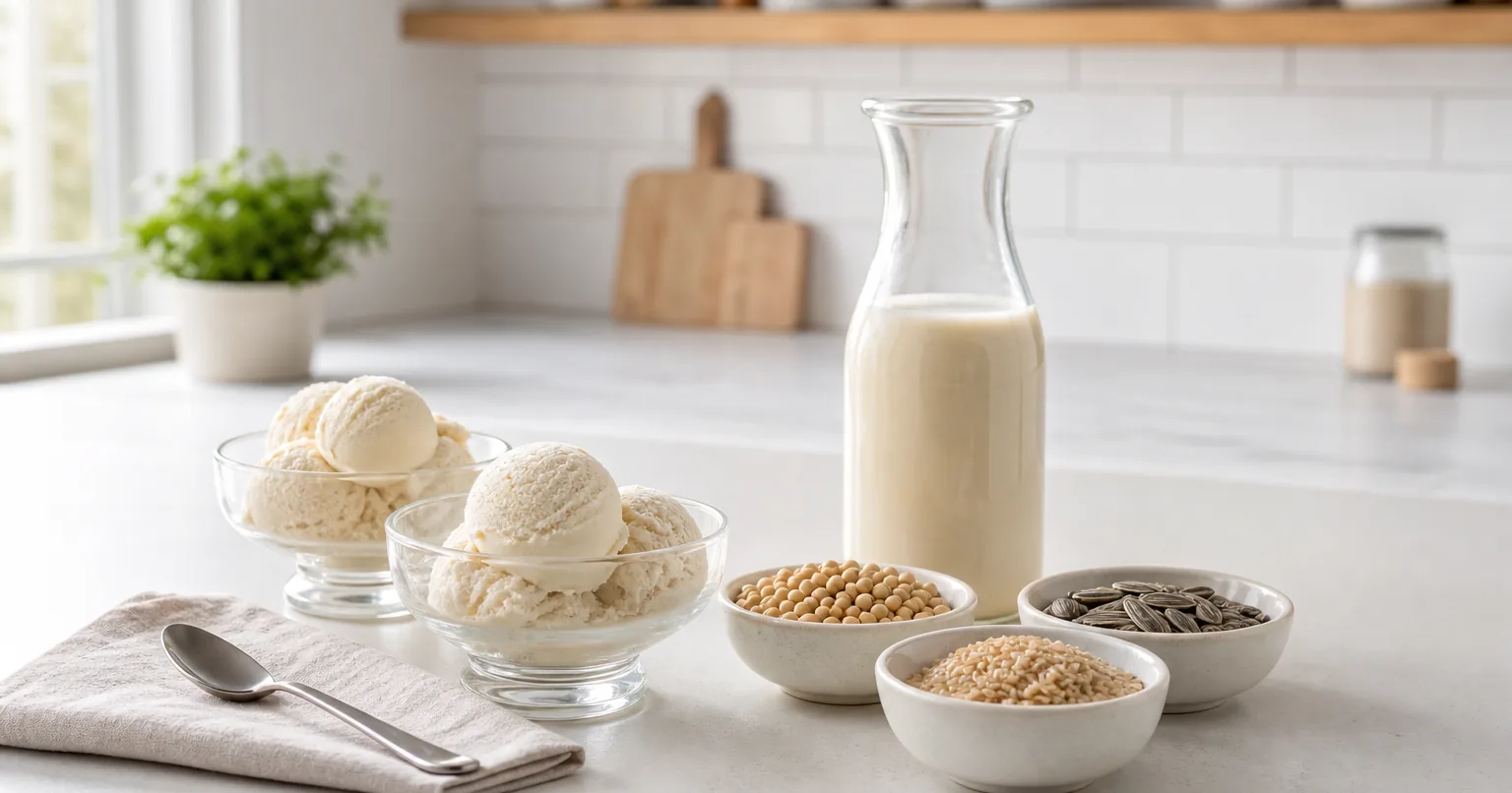 Plant-based ice cream with soy milk, seeds and rice