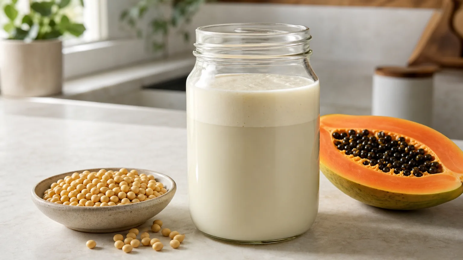 Jar of soy milk with cream, soybeans and papaya