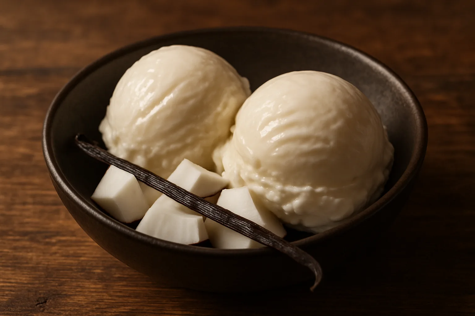Two glossy scoops of creamy dairy-free coconut ice cream in a dark ceramic bowl with fresh coconut and a vanilla pod.