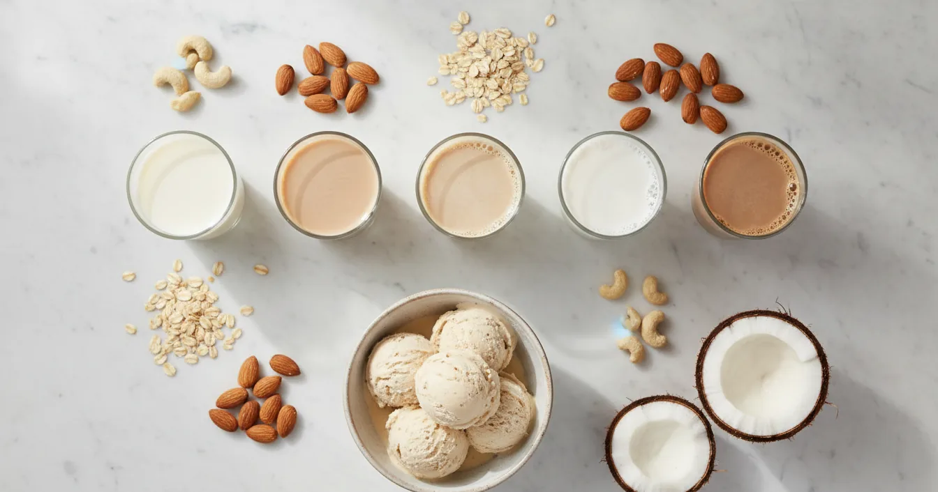 An overhead spread of plant milks in small glasses beside a bowl of pale dairy-free ice cream, with oats, almonds, cashews, and a cracked coconut on a marble counter.