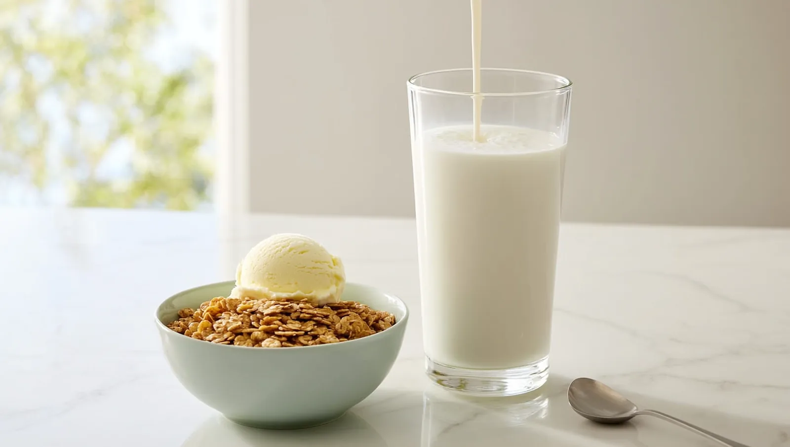 A tall glass of oat milk being poured beside a bowl of rolled oats and a soft scoop of dairy-free ice cream in a bright kitchen.