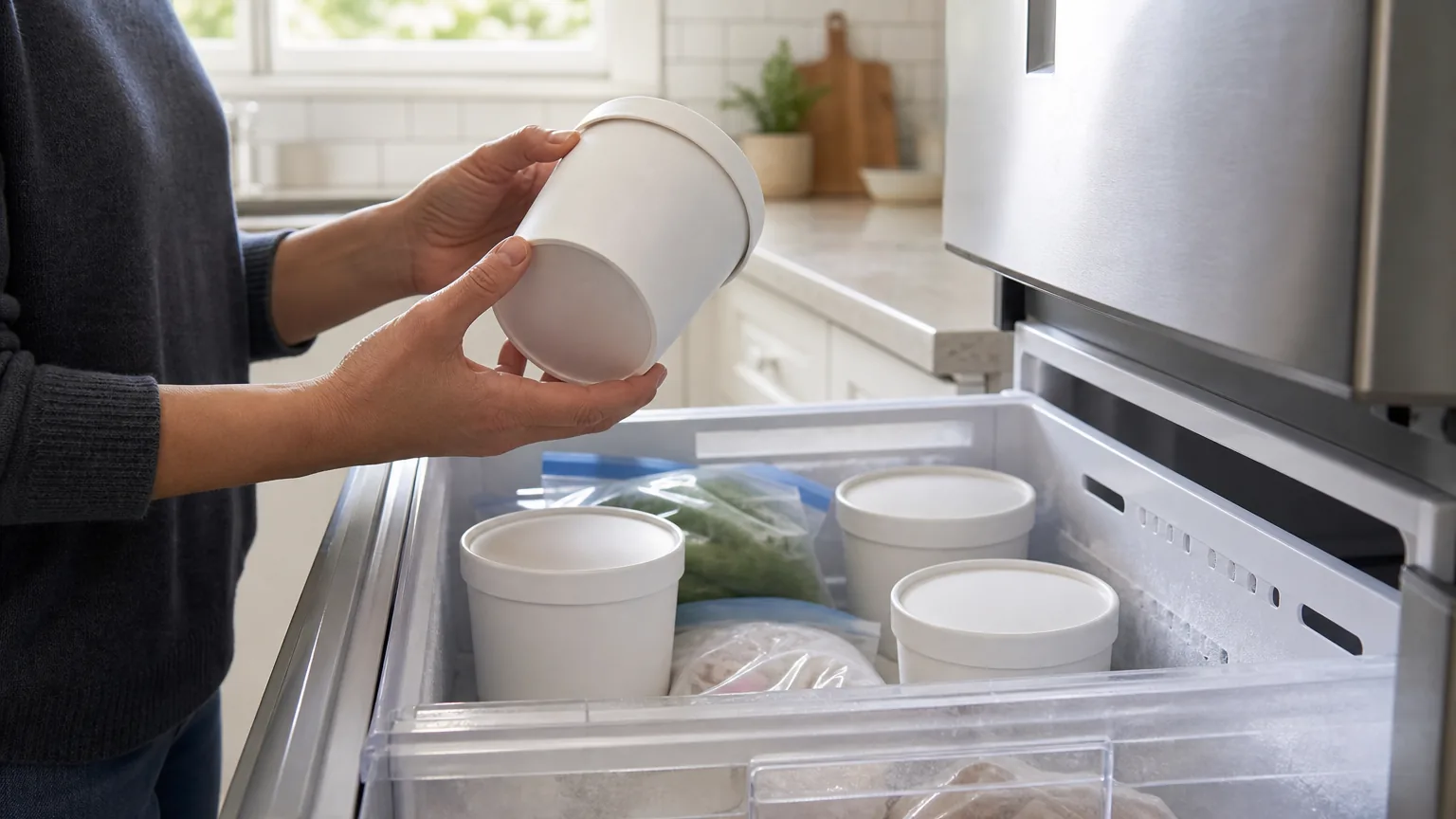 Hands turning over a pint by a freezer drawer
