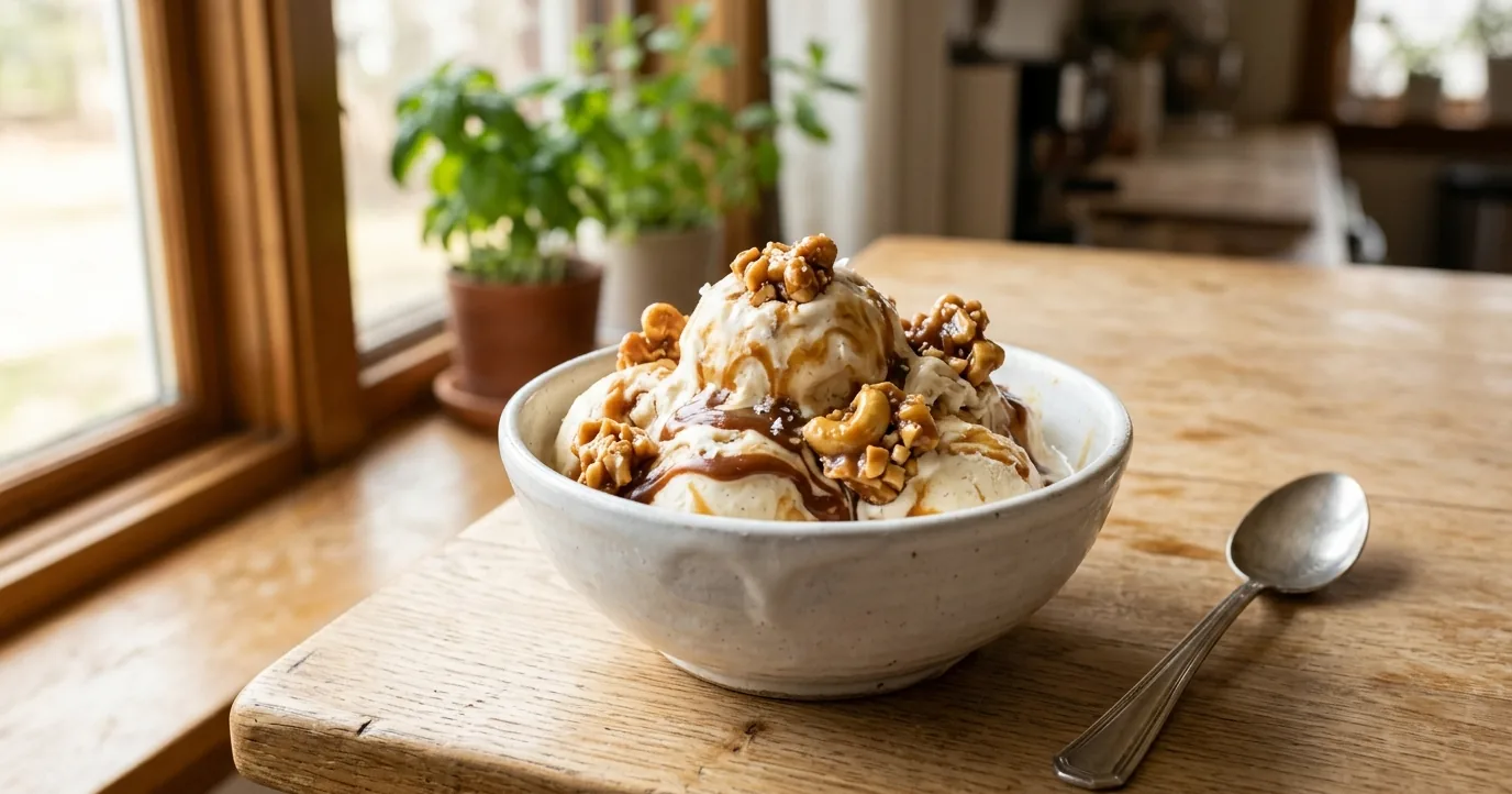 Bowl of caramel ice cream with cashew clusters