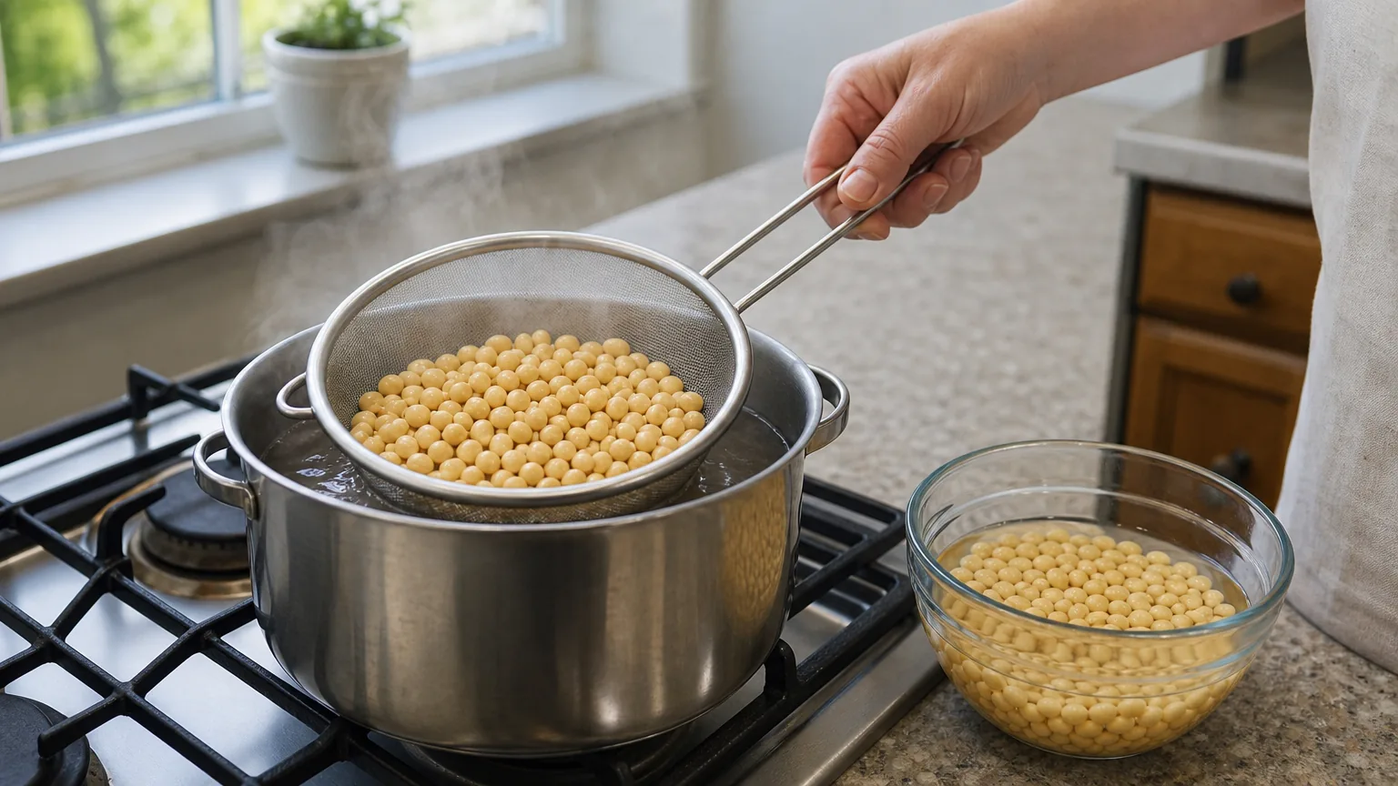 Soaked soybeans lowered into a pot of hot water