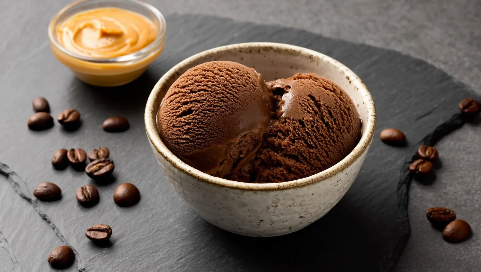 Chocolate scoops with coffee beans and peanut butter