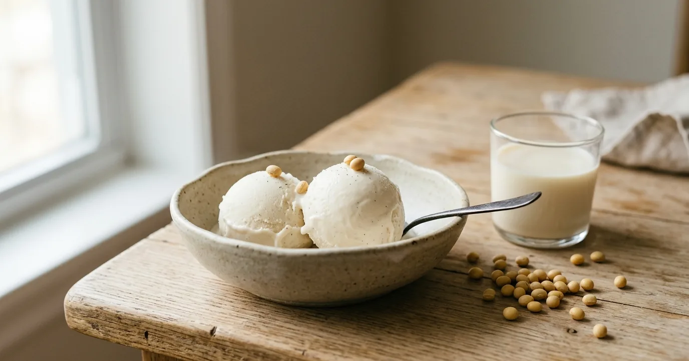 Soy ice cream scoops with soy milk and soybeans