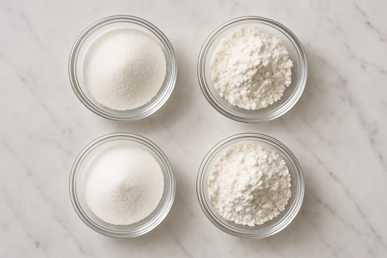 Four small glass bowls of fine white stabilizer powders arranged on a marble countertop in soft daylight.