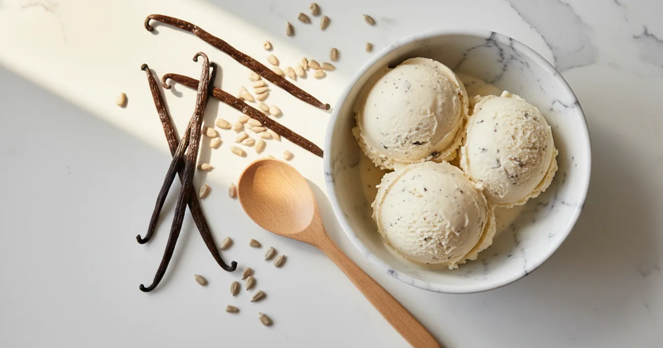 Three pale scoops of dairy-free ice cream in a marble bowl with vanilla pods, sunflower seeds, and a wooden spoon on a white countertop.