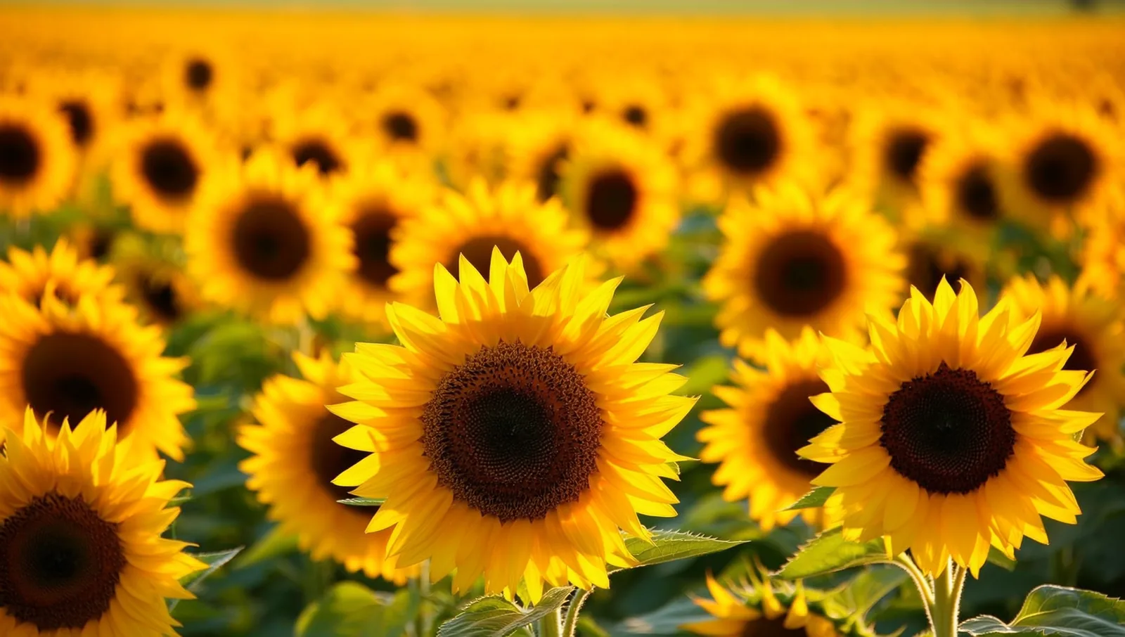 A sunlit field of golden sunflowers in bloom, with the dark seed disks visible at the center of each flower.