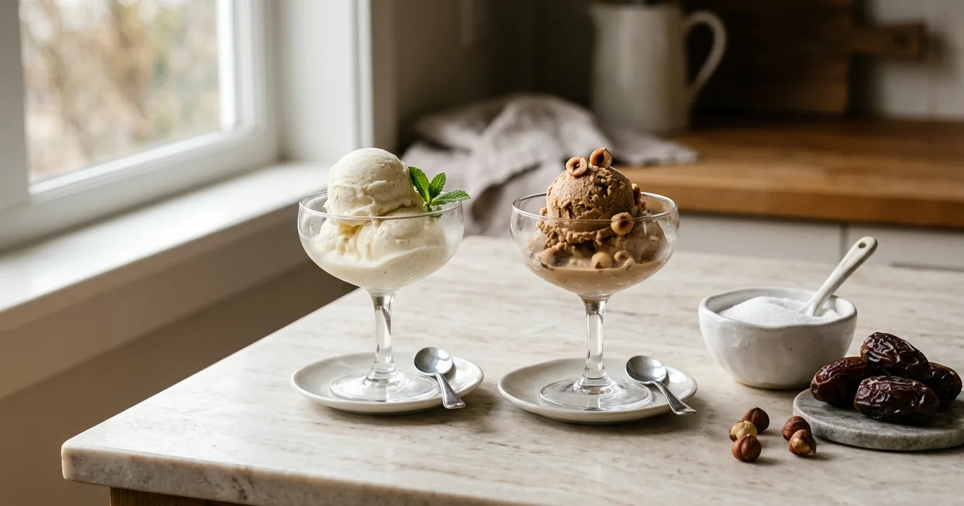 Two glass dishes of vanilla and hazelnut ice cream