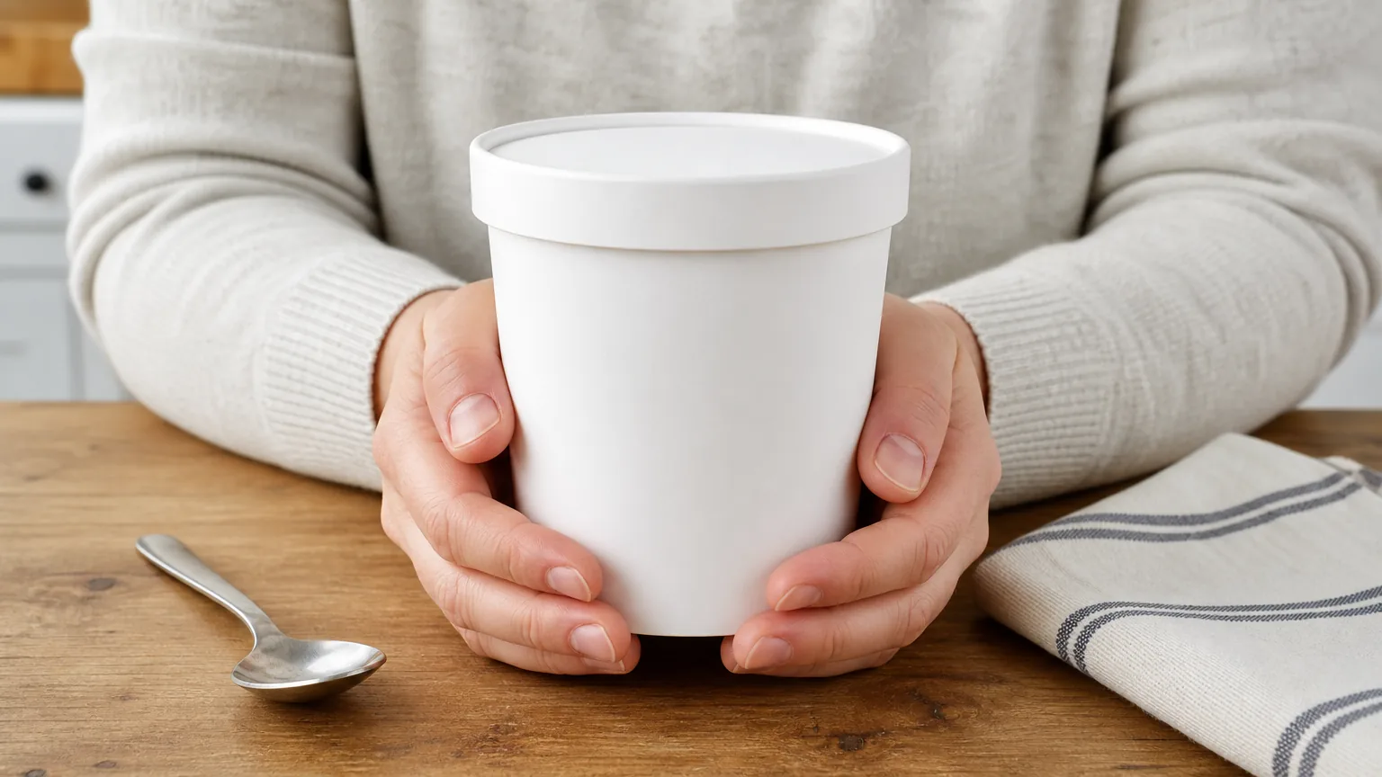 Hands holding a plain white pint tub of ice cream