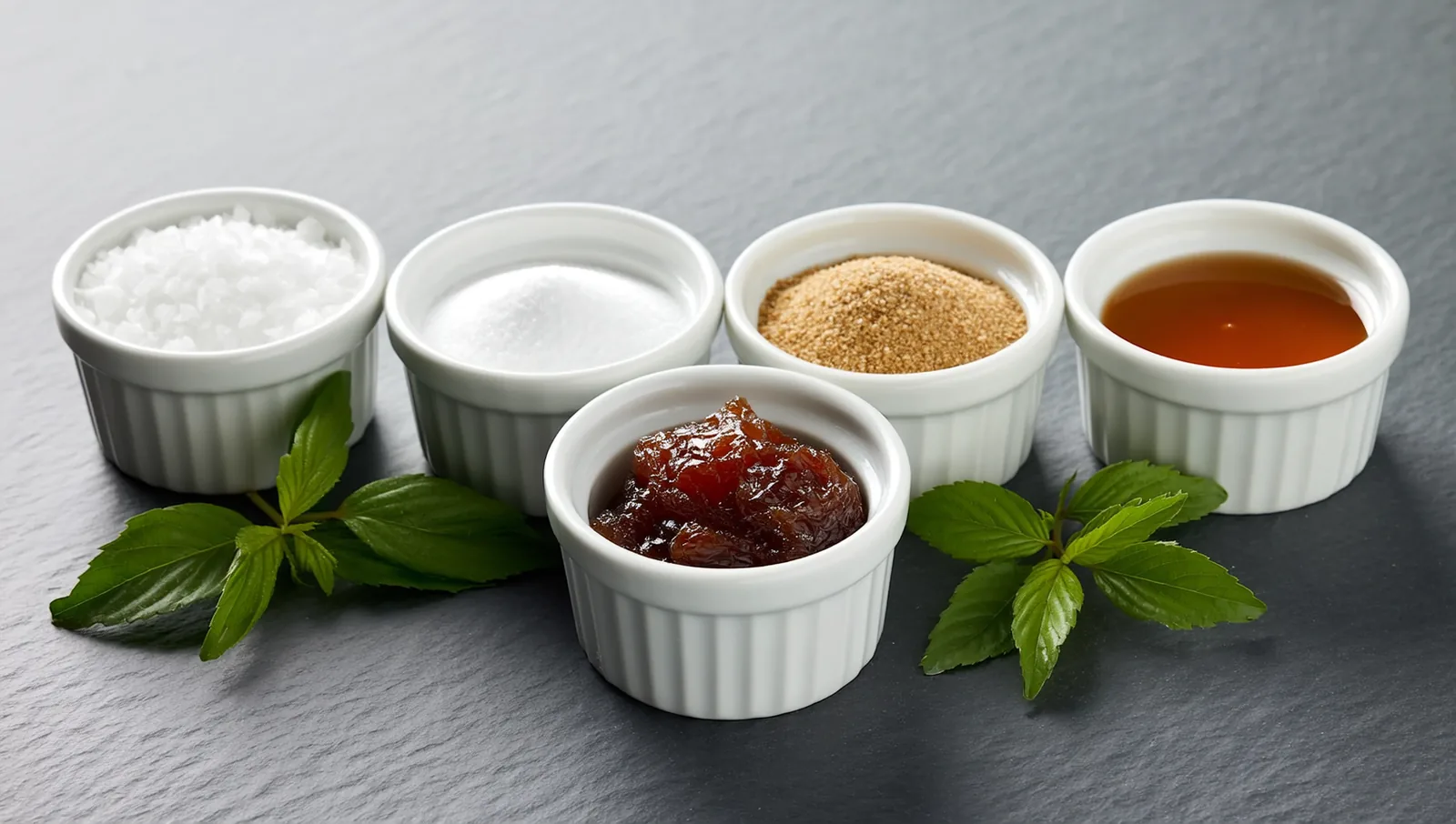 Five white ramekins of different sweeteners on slate