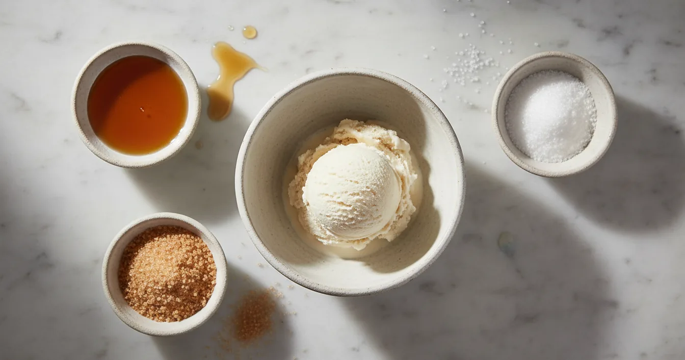 A scoop of pale dairy-free ice cream in a stoneware bowl surrounded by small dishes of maple syrup, coconut sugar, and white sweetener crystals on a marble countertop.
