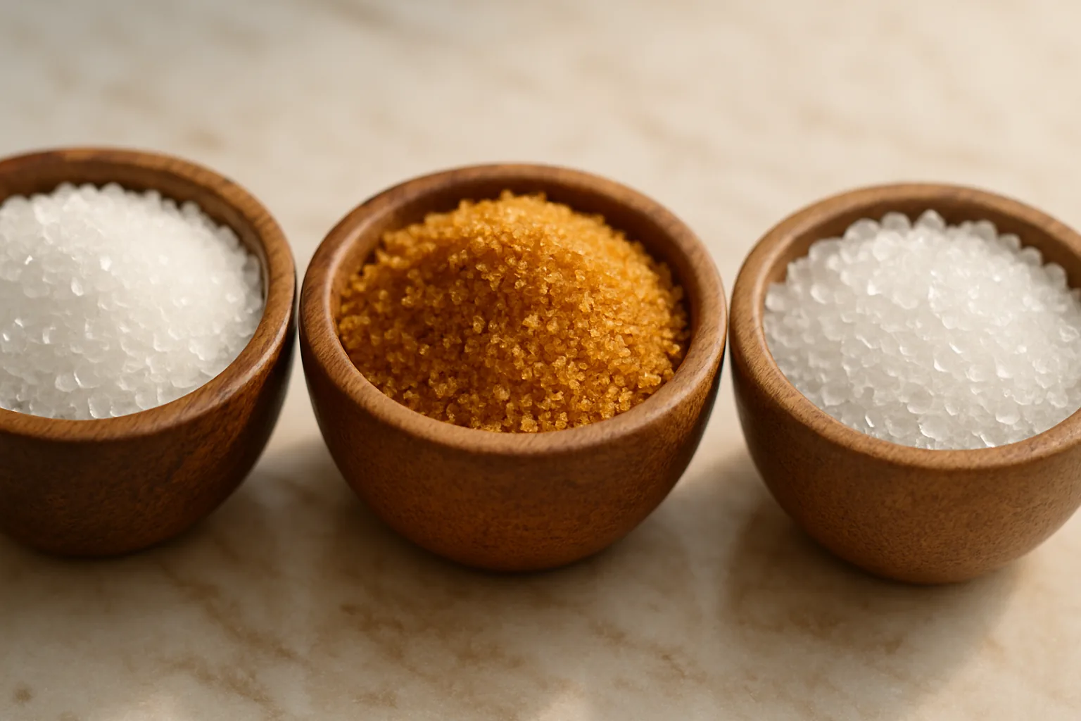 Three small wooden bowls holding white cane sugar, golden-brown coconut sugar, and clear allulose granules on a marble surface.