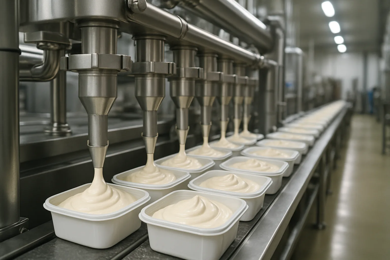 A stainless steel ice cream production line filling tubs of frozen dessert in a food factory.