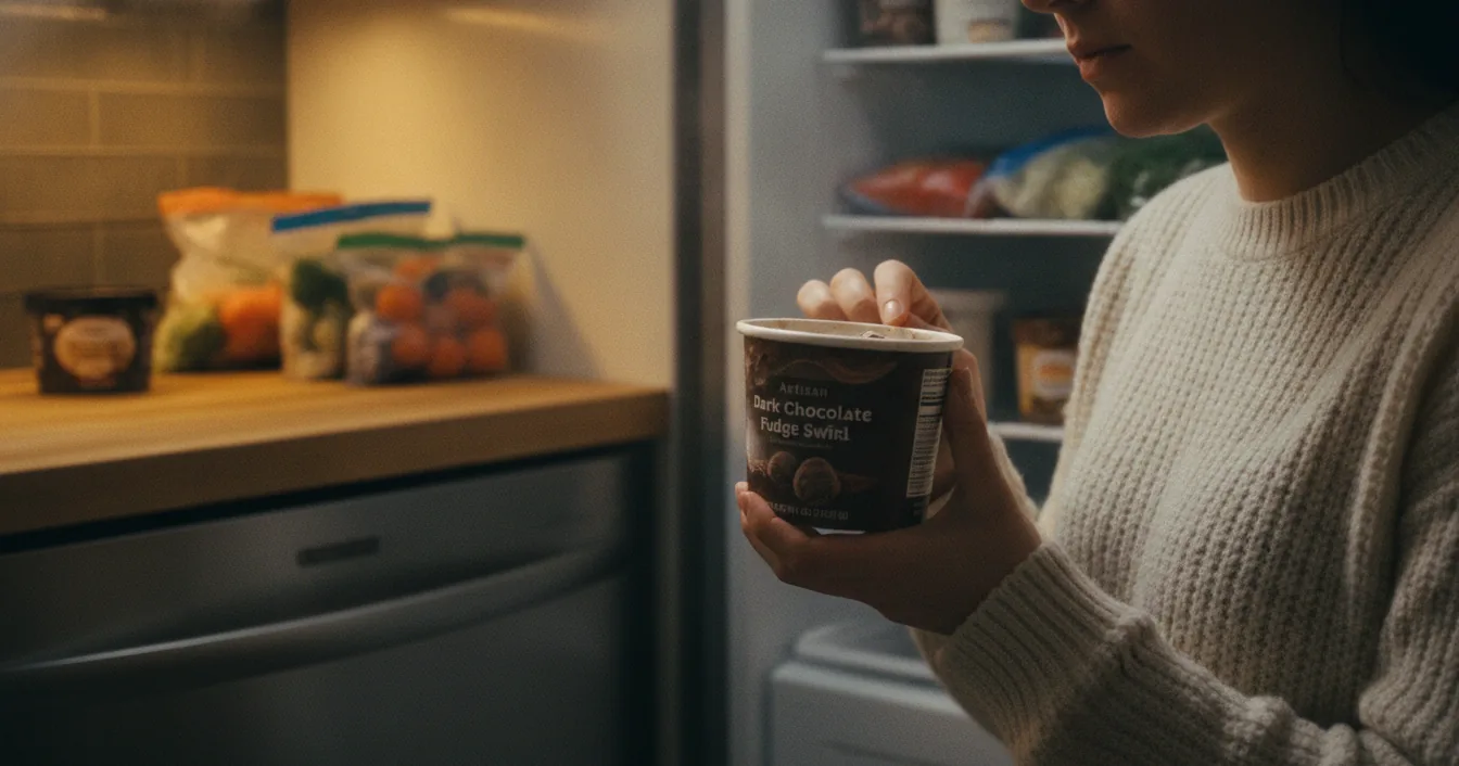 A person at an open home freezer examining a tub of dark chocolate ice cream.