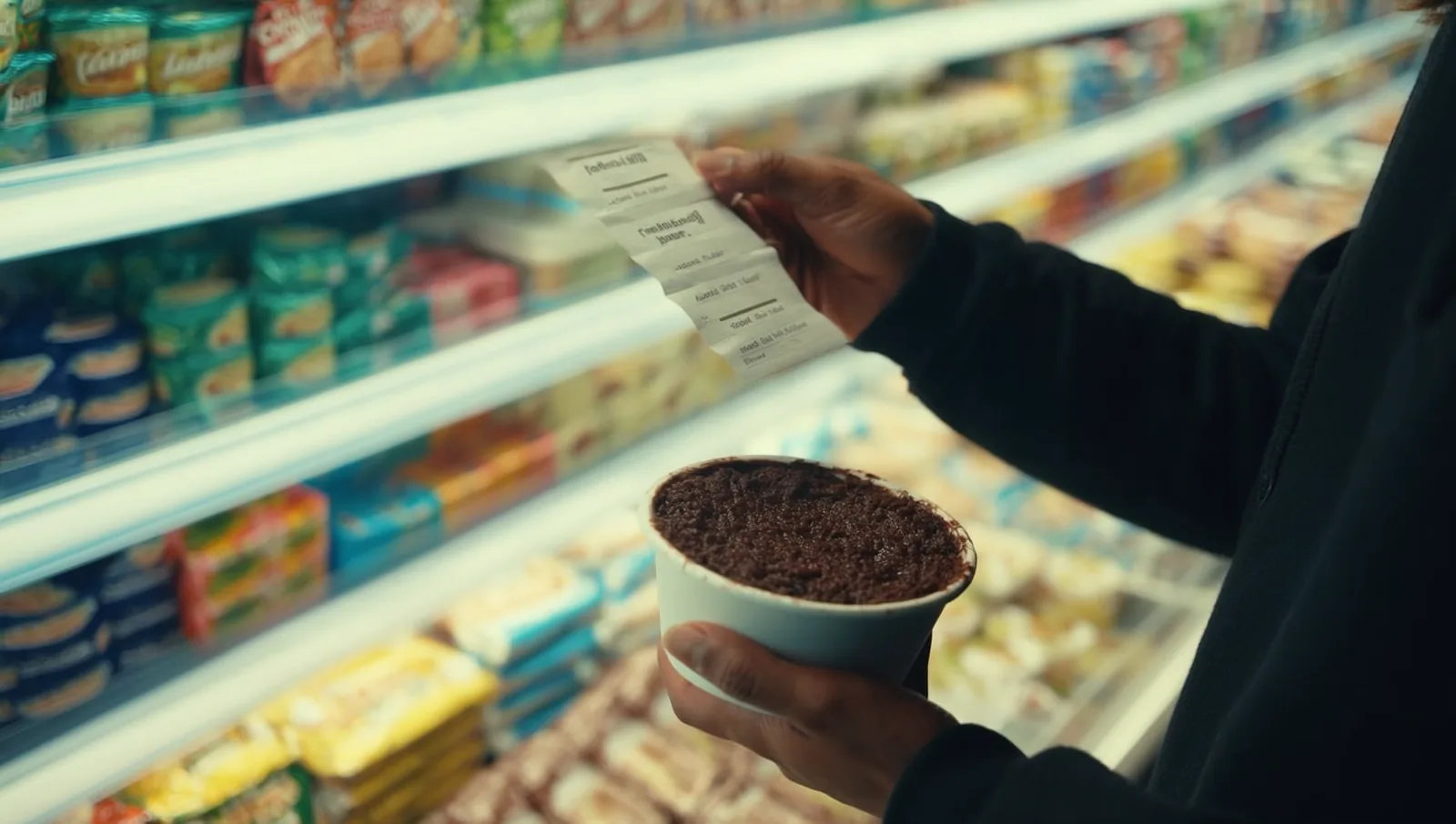 A shopper's hands holding a frozen dessert tub and reading its ingredient panel in a freezer aisle.